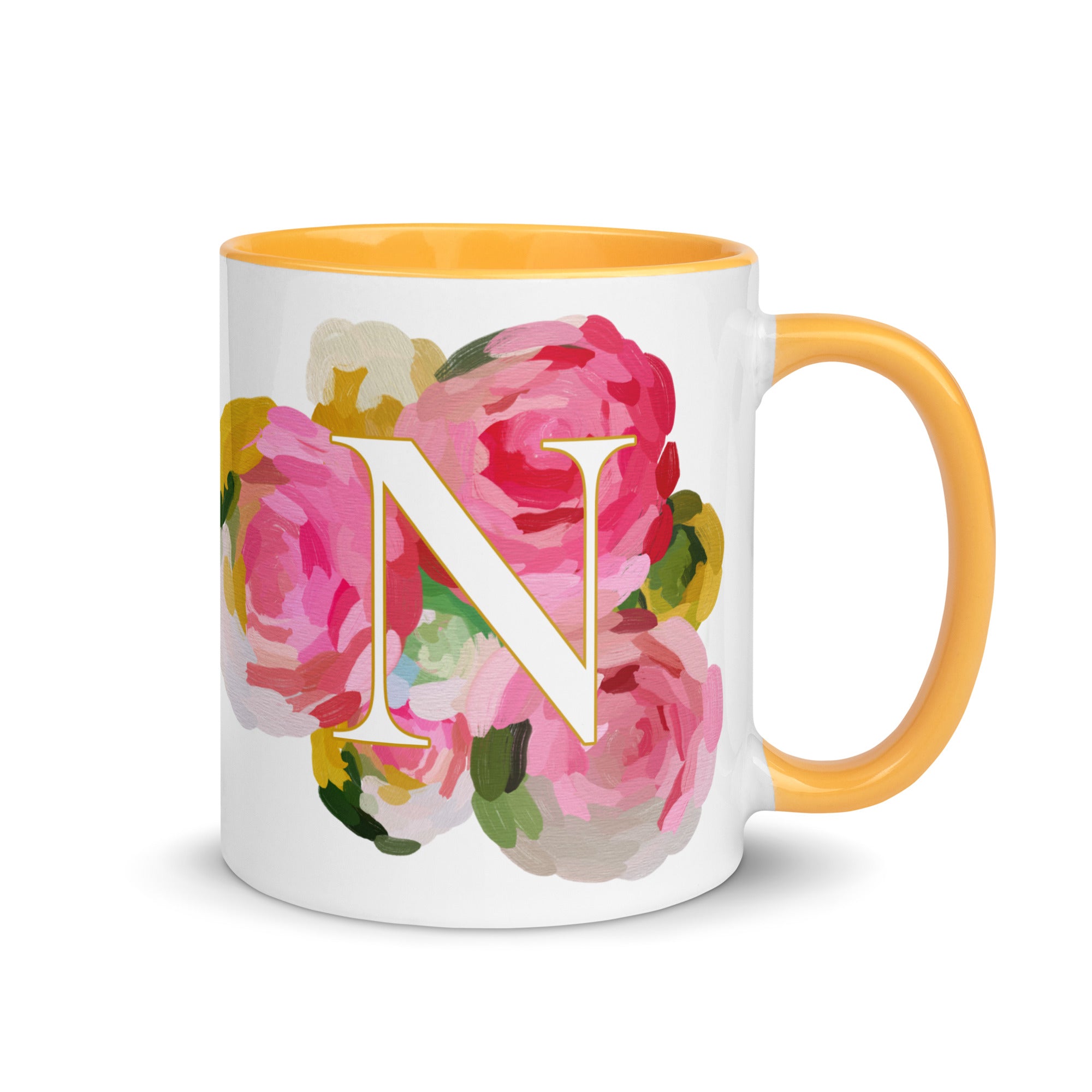 Pink Flowers Monogram Ceramic Mug - Letter N - Pretty coffee and tea mug for flower lovers. Yellow colored on the inside and the handle. Art by Parima Studio. Chic floral mug