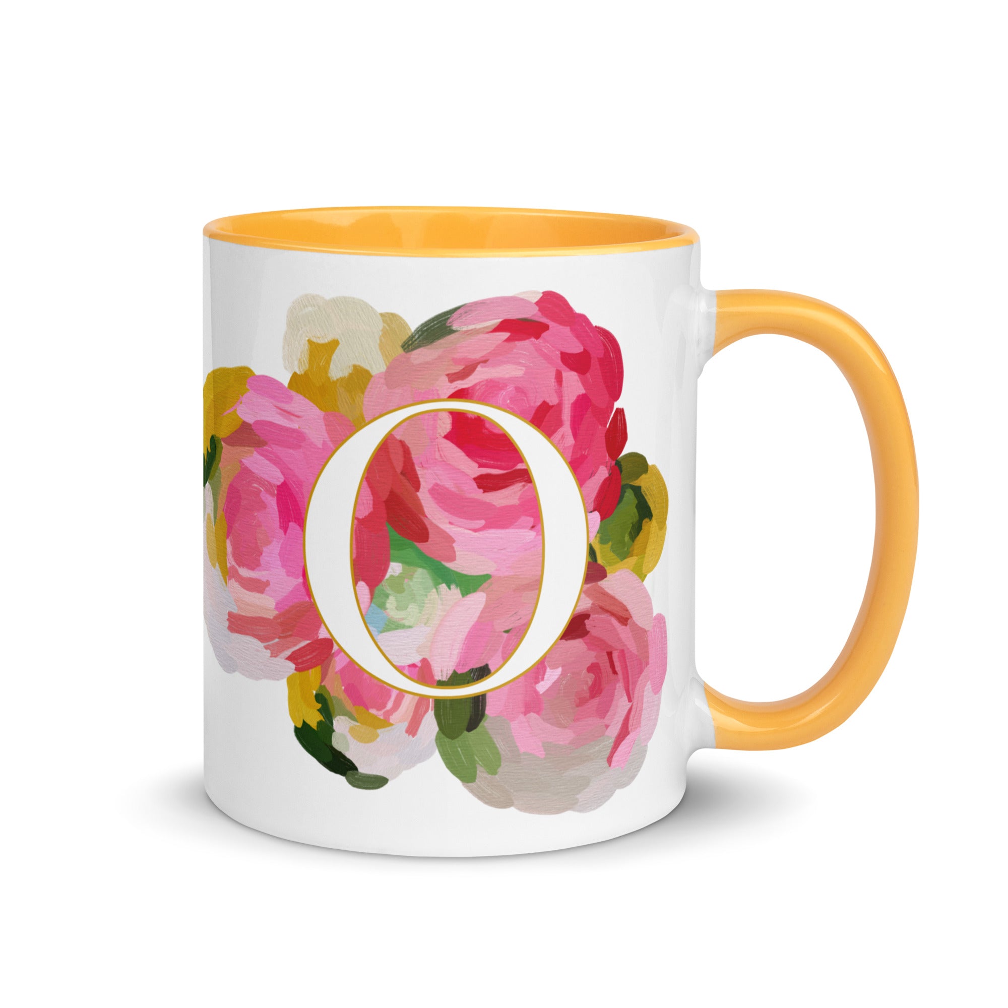 Pink Flowers Monogram Ceramic Mug - Letter O - Pretty coffee and tea mug for flower lovers. Yellow colored on the inside and the handle. Art by Parima Studio. Chic floral mug