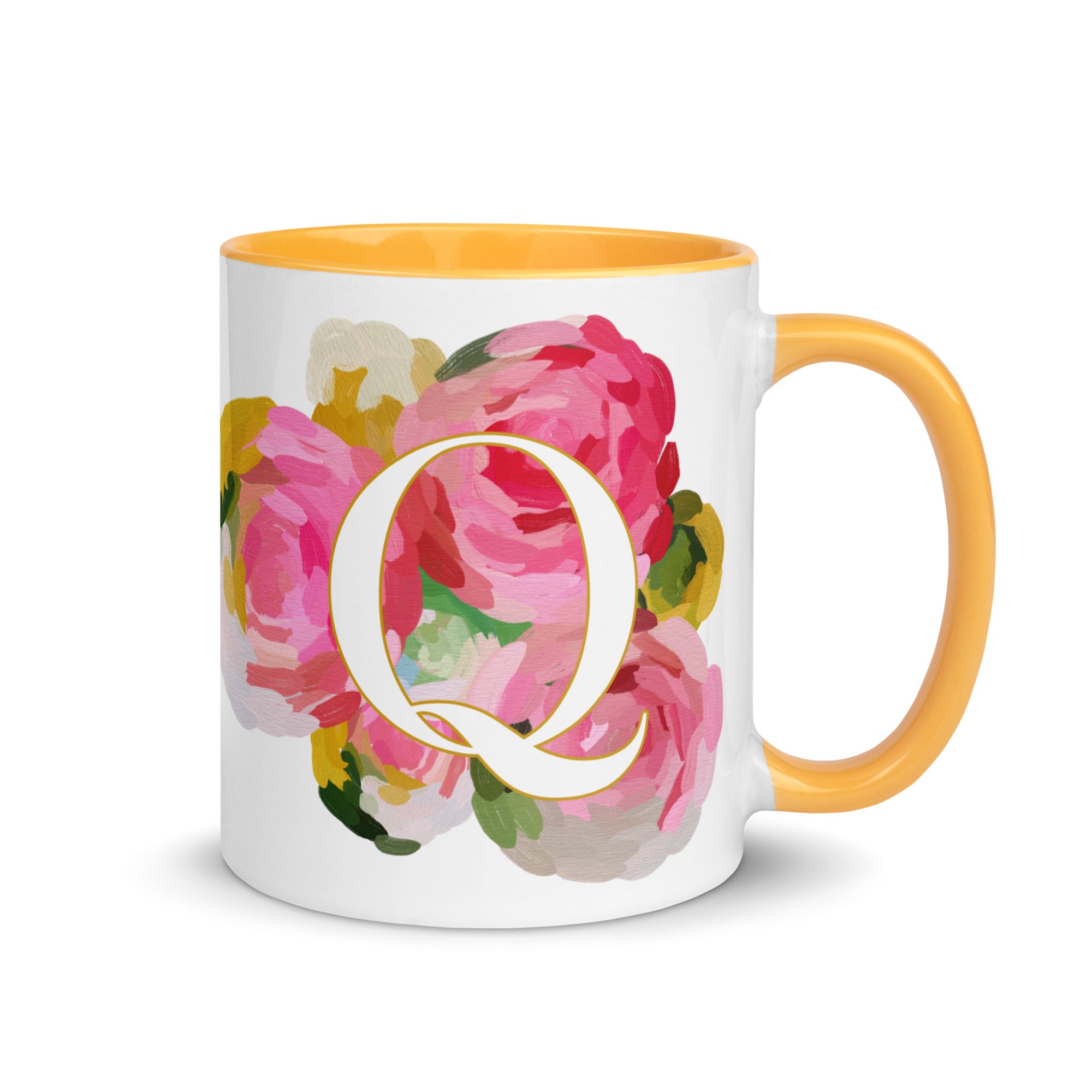 Pink Flowers Monogram Ceramic Mug - Letter Q - Pretty coffee and tea mug for flower lovers. Yellow colored on the inside and the handle. Art by Parima Studio. Chic floral mug