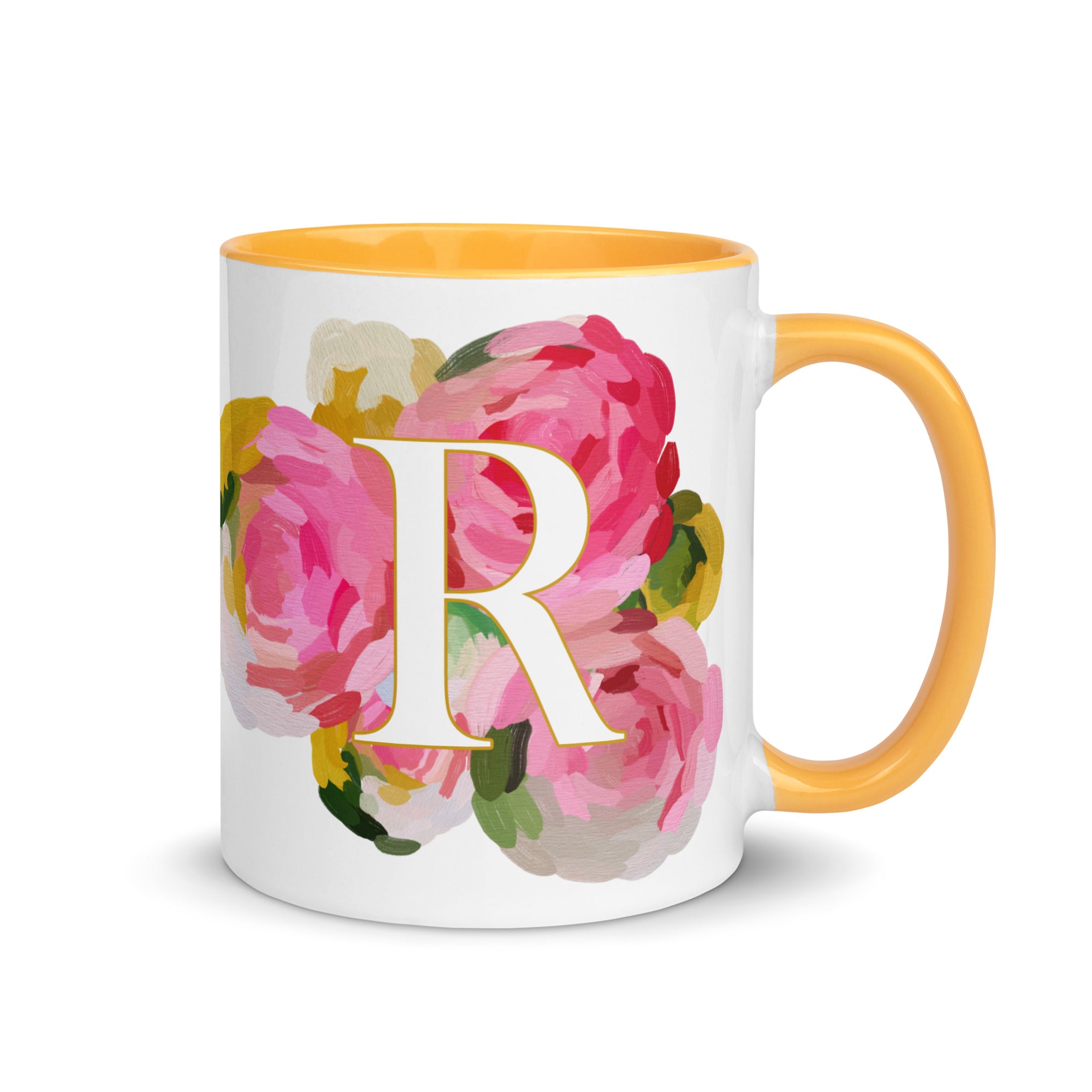 Pink Flowers Monogram Ceramic Mug - Letter R - Pretty coffee and tea mug for flower lovers. Yellow colored on the inside and the handle. Art by Parima Studio. Chic floral mug