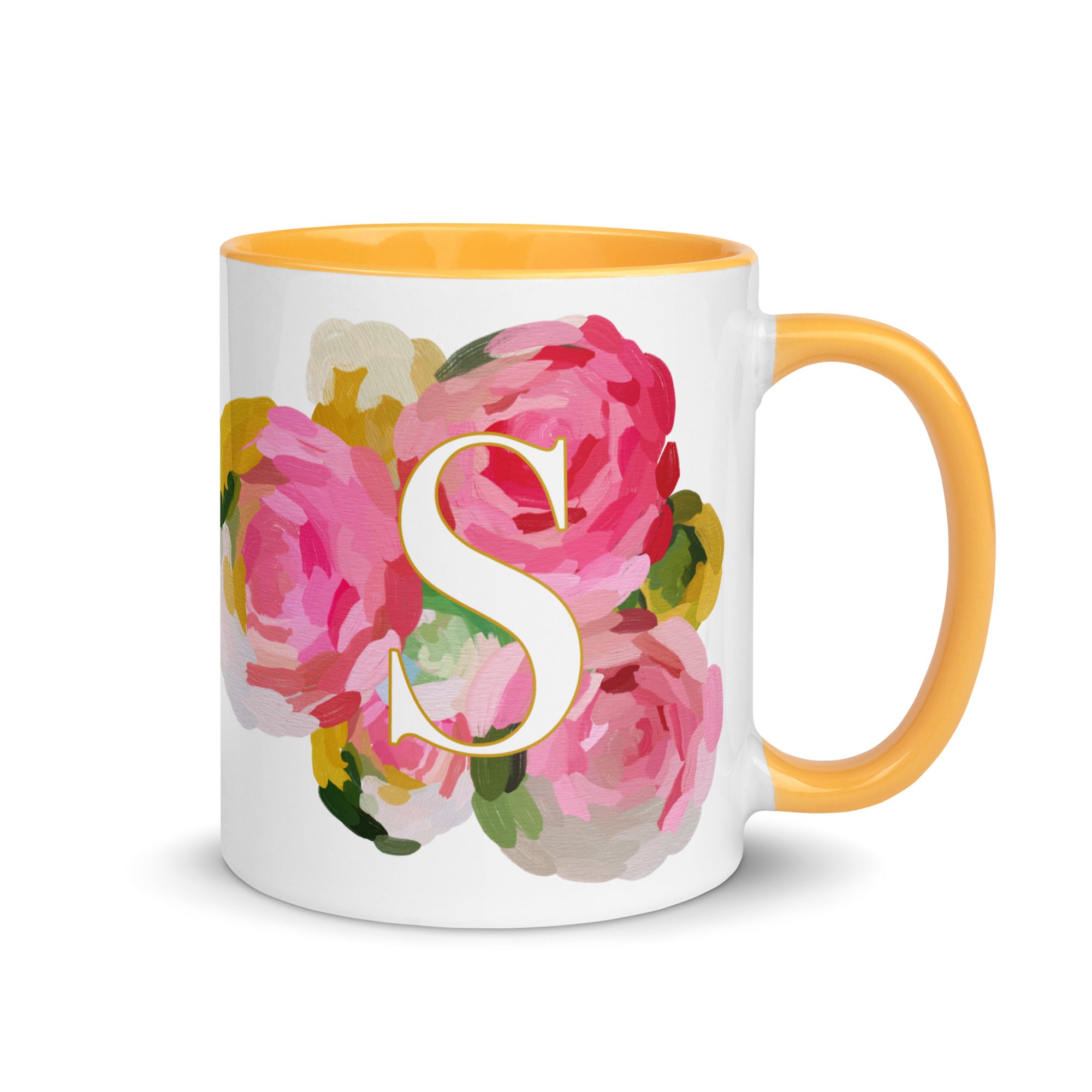 Pink Flowers Monogram Ceramic Mug - Letter S - Pretty coffee and tea mug for flower lovers. Yellow colored on the inside and the handle. Art by Parima Studio. Chic floral mug
