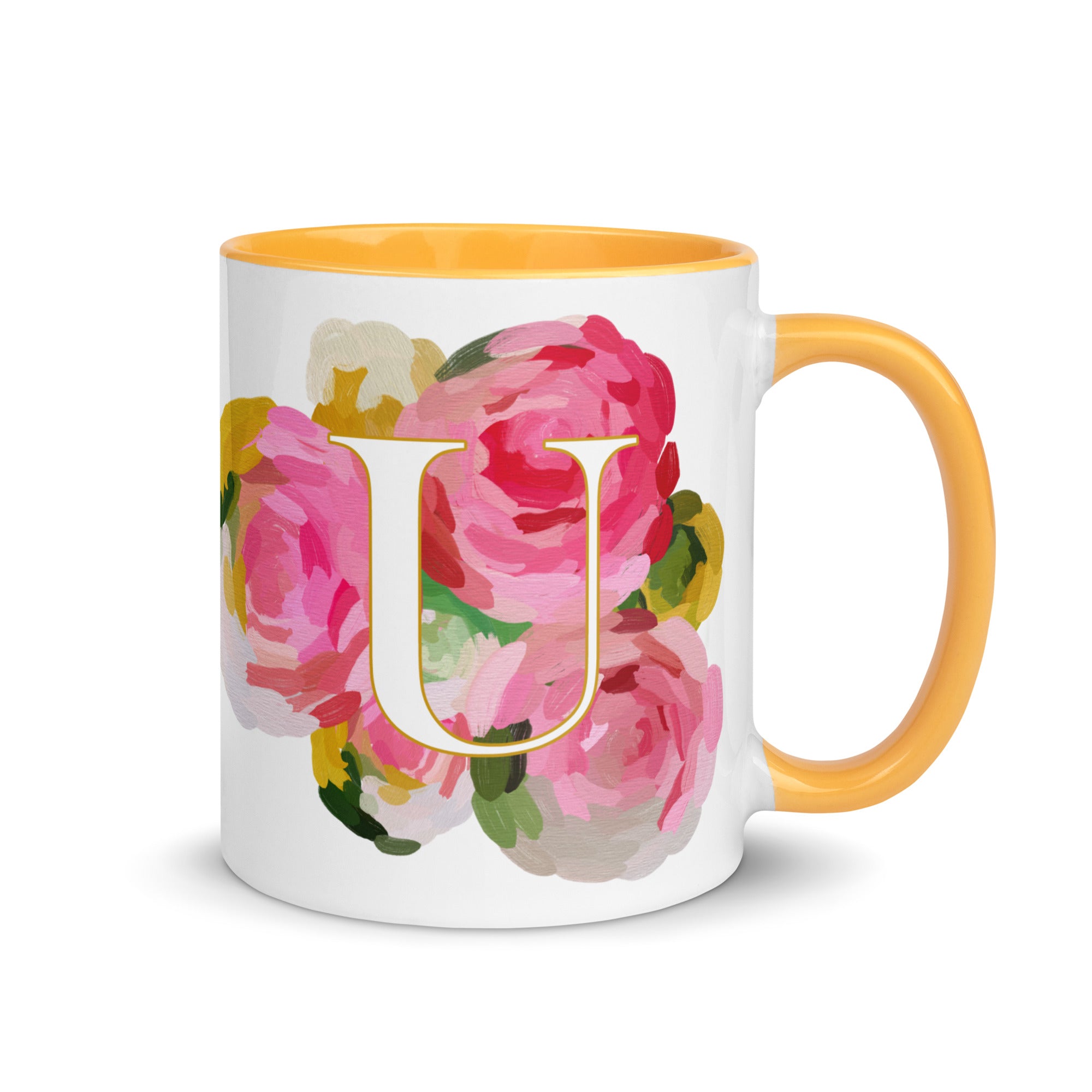 Pink Flowers Monogram Ceramic Mug - Letter U - Pretty coffee and tea mug for flower lovers. Yellow colored on the inside and the handle. Art by Parima Studio. Chic floral mug