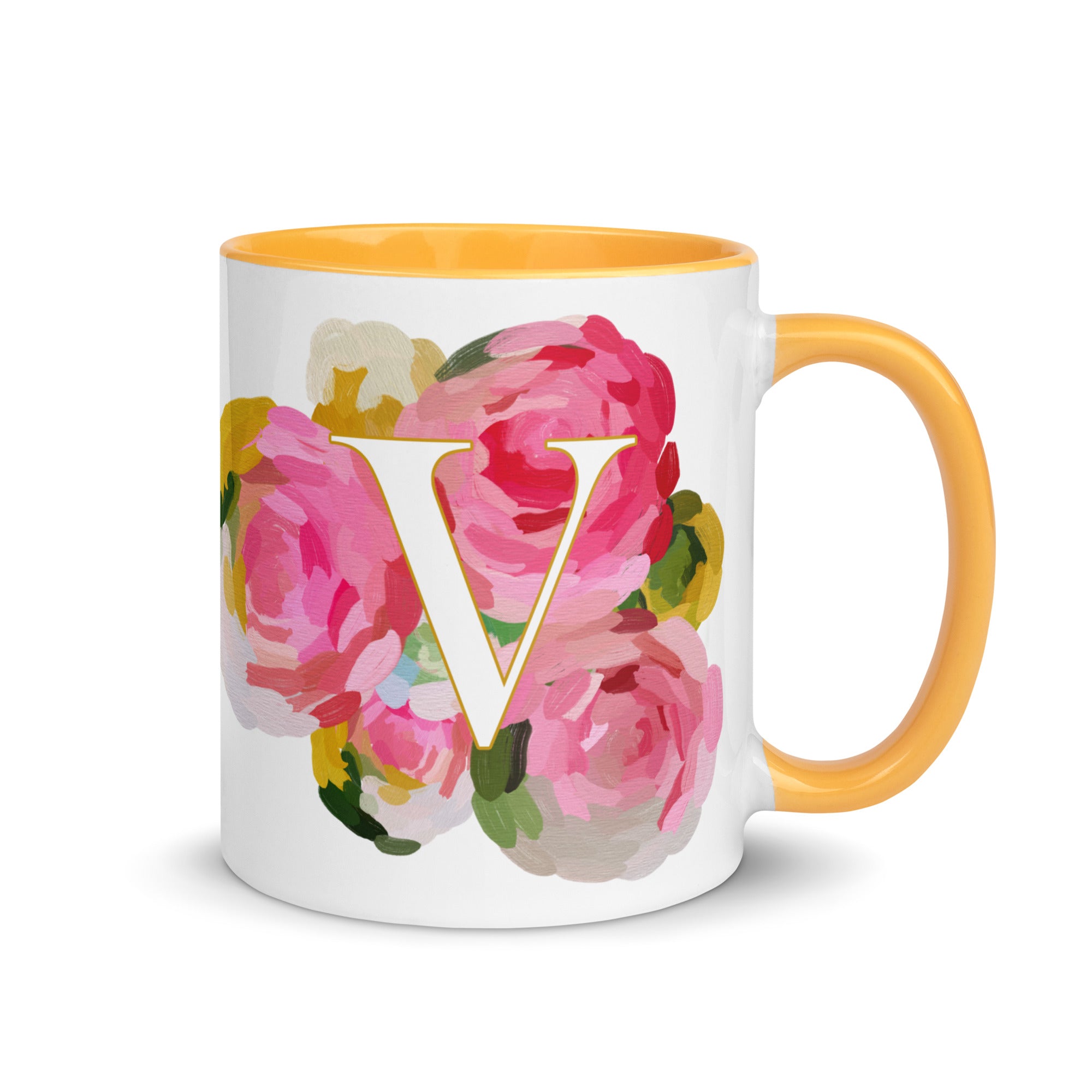 Pink Flowers Monogram Ceramic Mug - Letter V - Pretty coffee and tea mug for flower lovers. Yellow colored on the inside and the handle. Art by Parima Studio. Chic floral mug