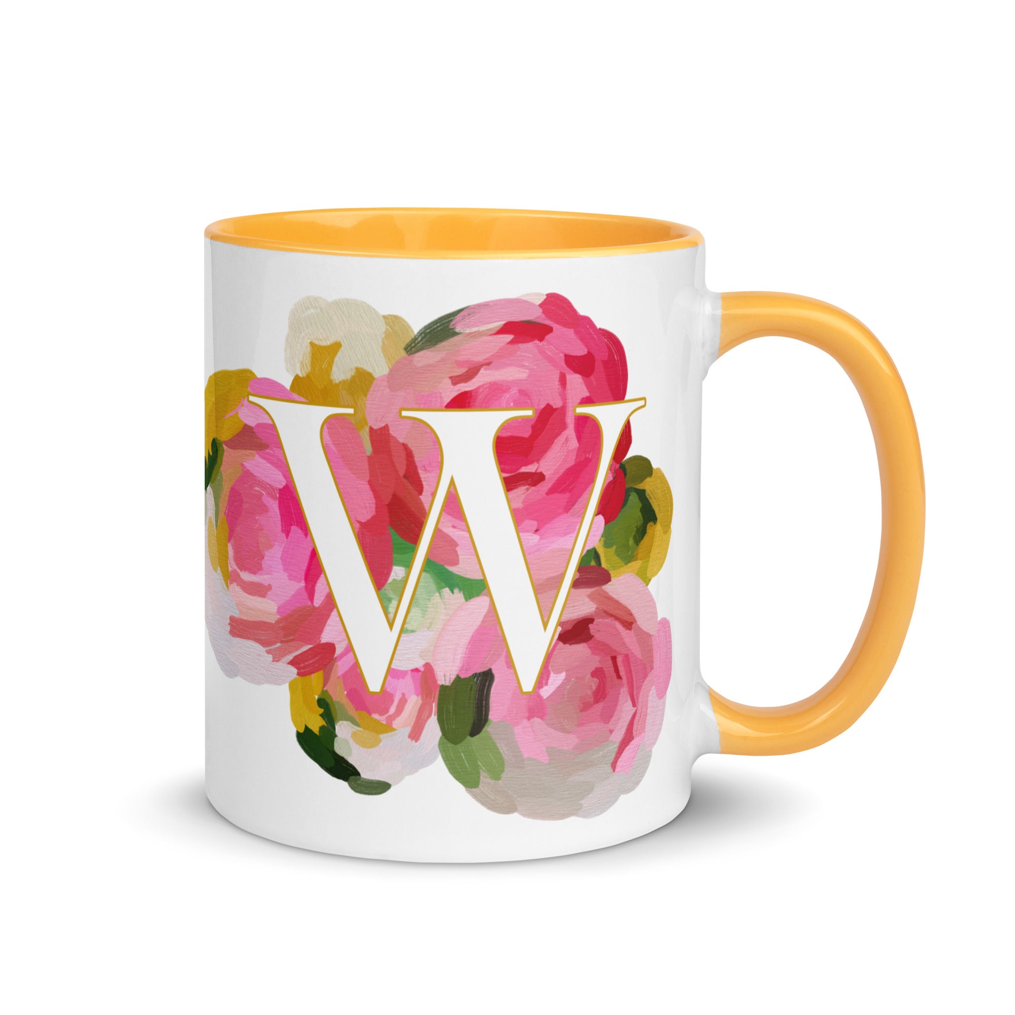 Pink Flowers Monogram Ceramic Mug - Letter W - Pretty coffee and tea mug for flower lovers. Yellow colored on the inside and the handle. Art by Parima Studio. Chic floral mug