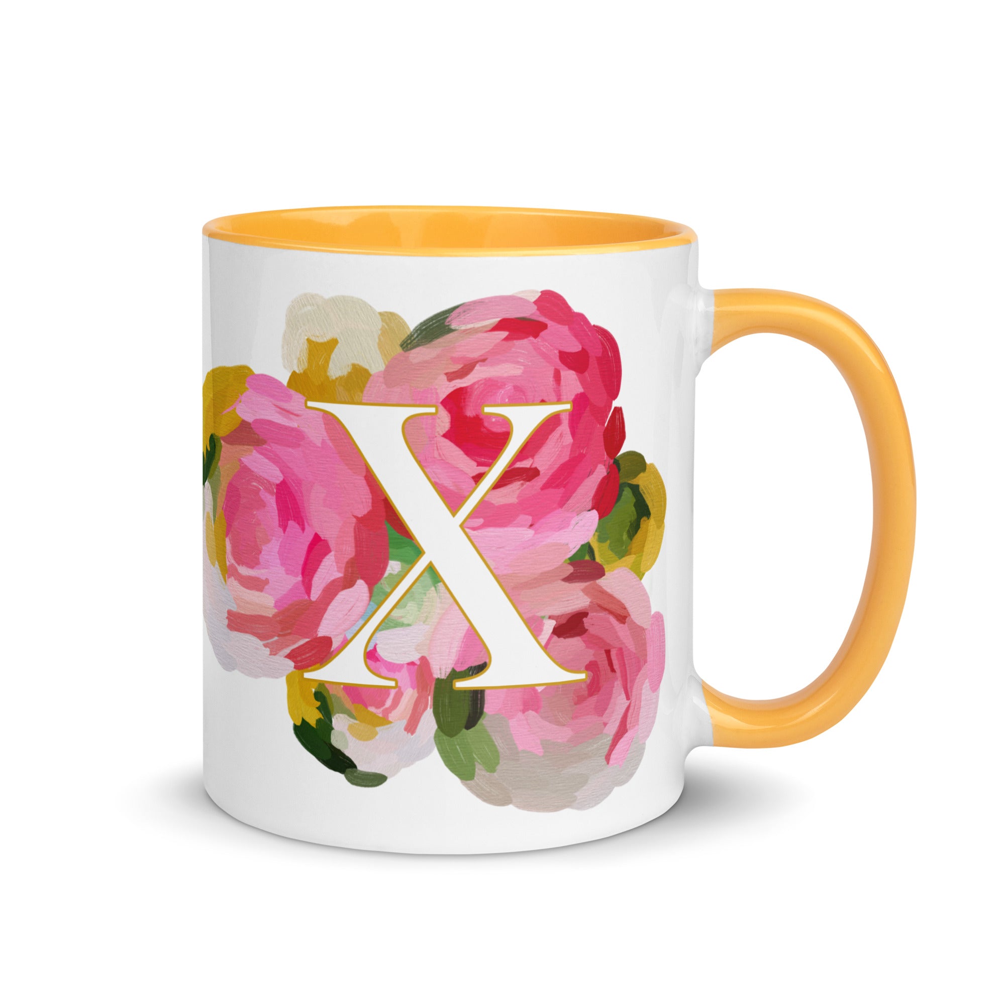 Pink Flowers Monogram Ceramic Mug - Letter X - Pretty coffee and tea mug for flower lovers. Yellow colored on the inside and the handle. Art by Parima Studio. Chic floral mug