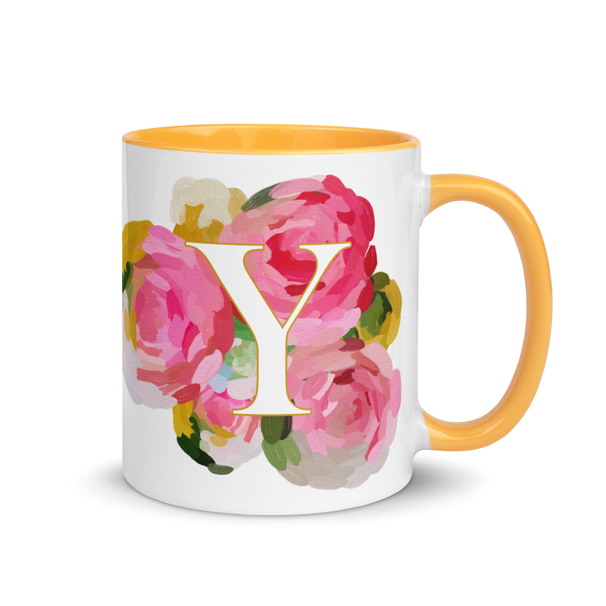 Pink Flowers Monogram Ceramic Mug - Letter Y - Pretty coffee and tea mug for flower lovers. Yellow colored on the inside and the handle. Art by Parima Studio. Chic floral mug