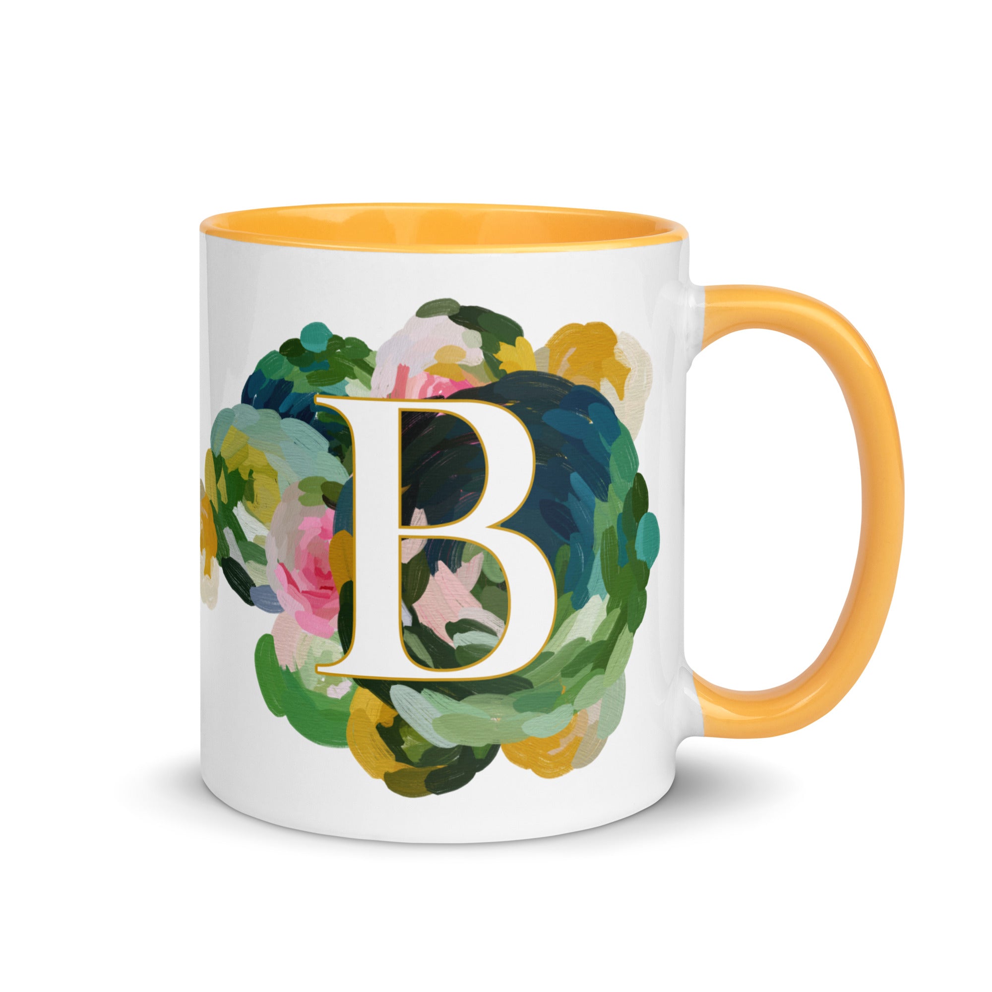 Blue Flowers Monogram Ceramic Mug - Letter B - Pretty coffee and tea mug for flower lovers. Yellow colored on the inside and the handle. Art by Parima Studio. Chic floral mug