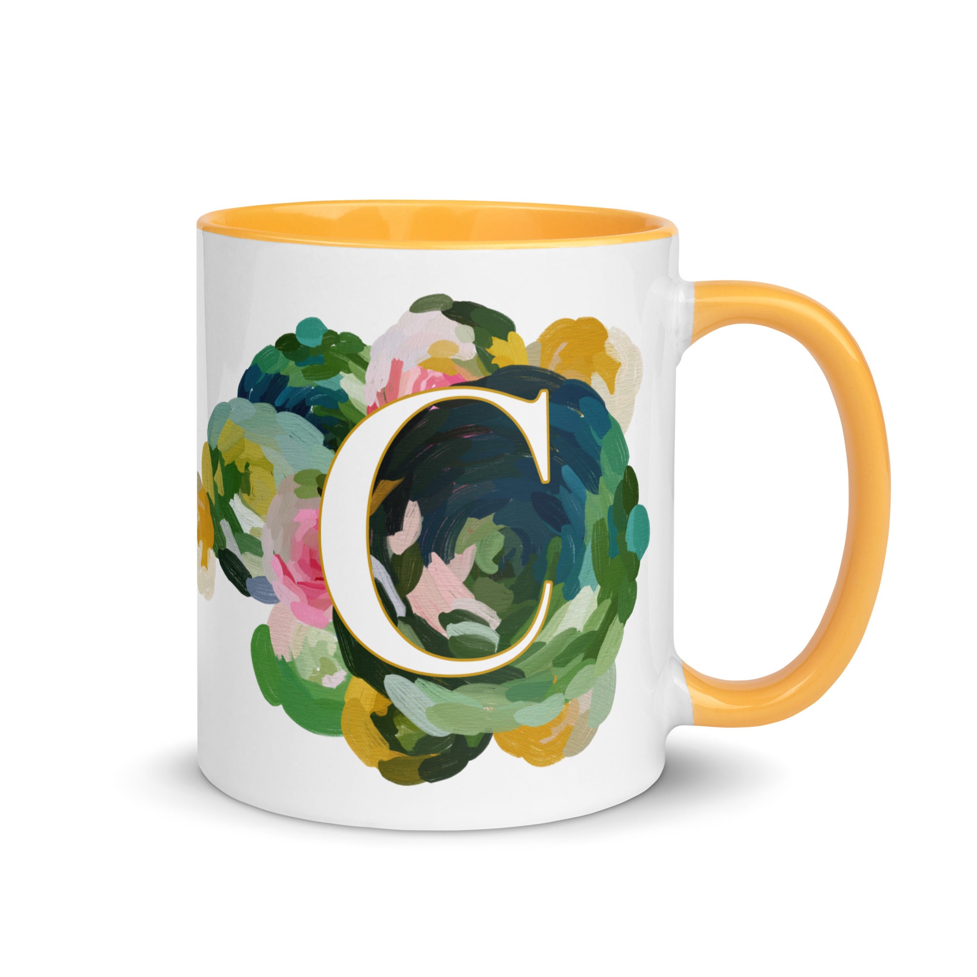 Blue Flowers Monogram Ceramic Mug - Letter C - Pretty coffee and tea mug for flower lovers. Yellow colored on the inside and the handle. Art by Parima Studio. Chic floral mug