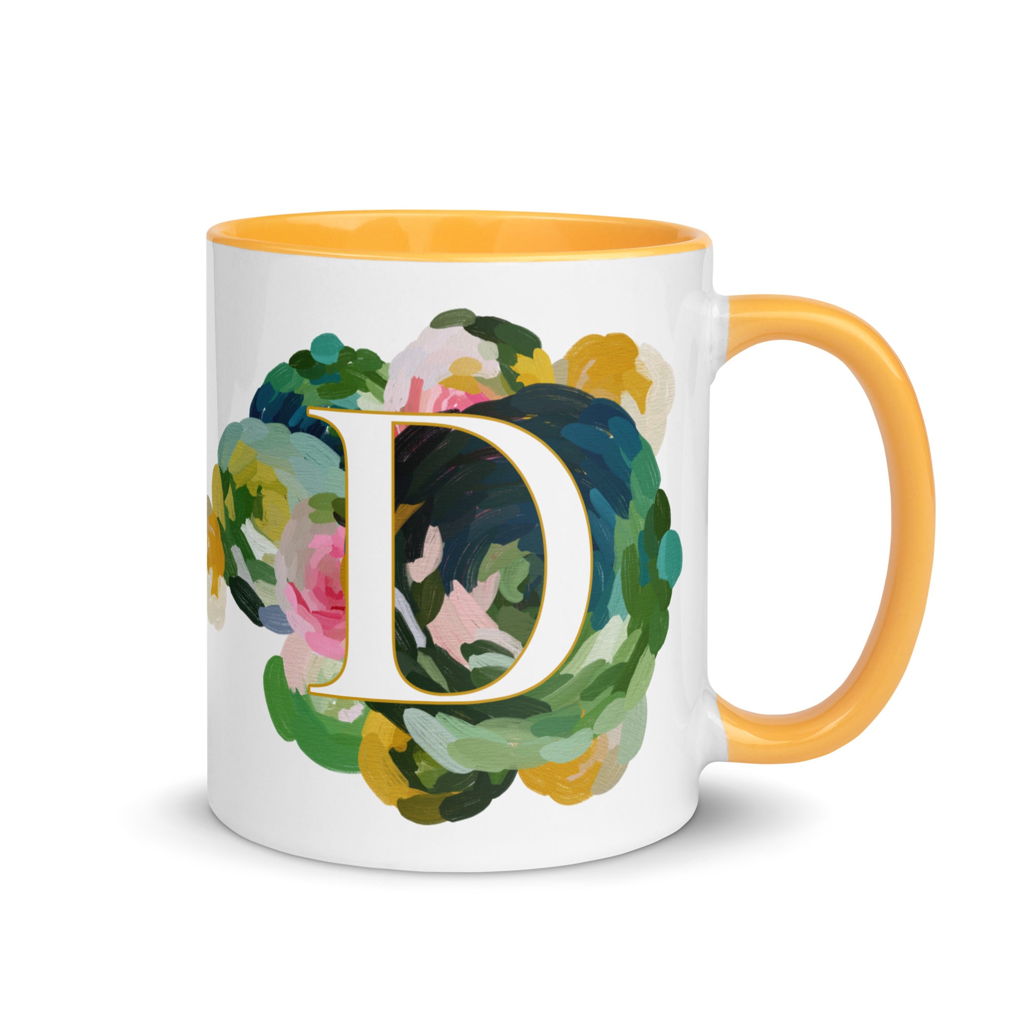 Blue Flowers Monogram Ceramic Mug - Letter D - Pretty coffee and tea mug for flower lovers. Yellow colored on the inside and the handle. Art by Parima Studio. Chic floral mug