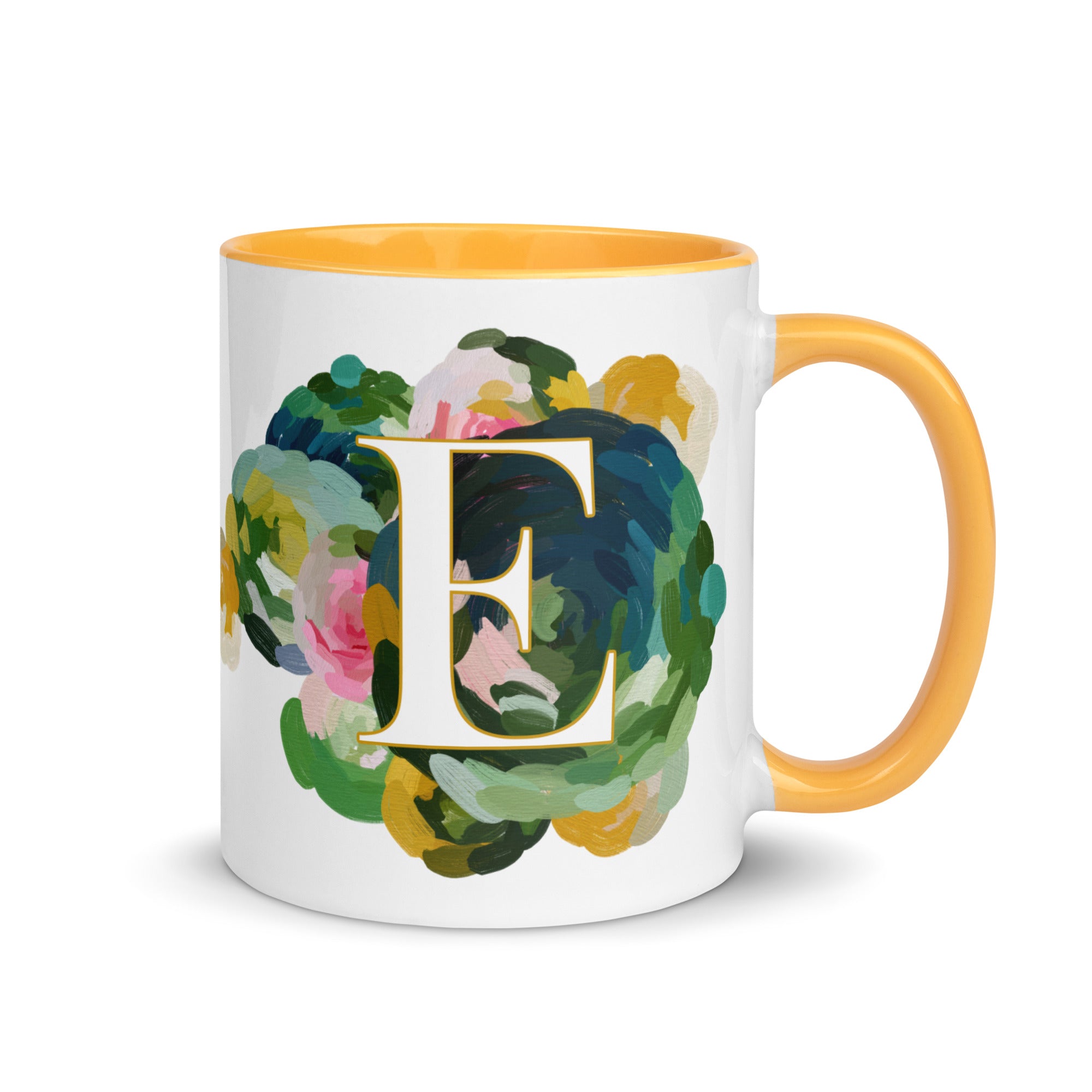 Blue Flowers Monogram Ceramic Mug - Letter E - Pretty coffee and tea mug for flower lovers. Yellow colored on the inside and the handle. Art by Parima Studio. Chic floral mug