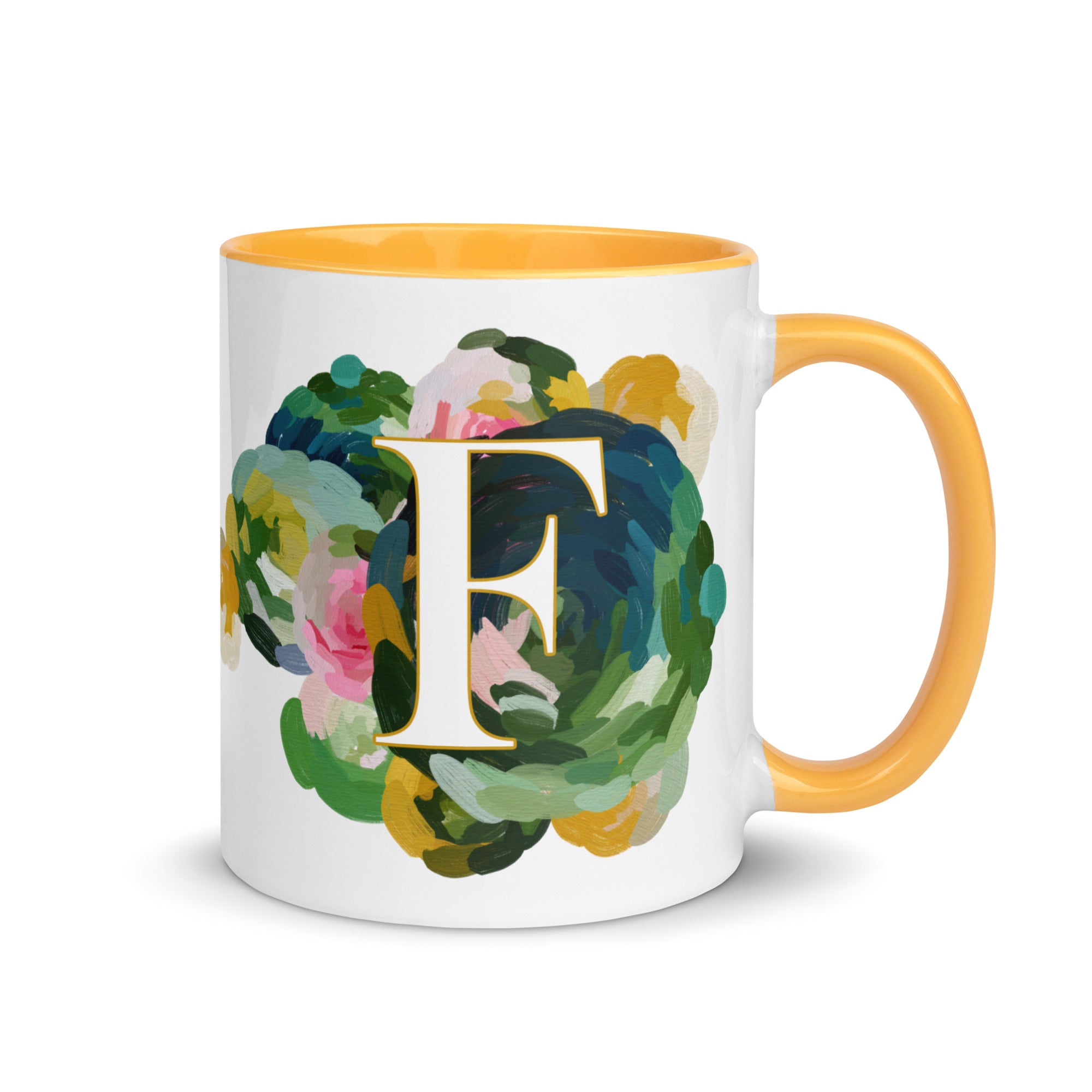 Blue Flowers Monogram Ceramic Mug - Letter F - Pretty coffee and tea mug for flower lovers. Yellow colored on the inside and the handle. Art by Parima Studio. Chic floral mug