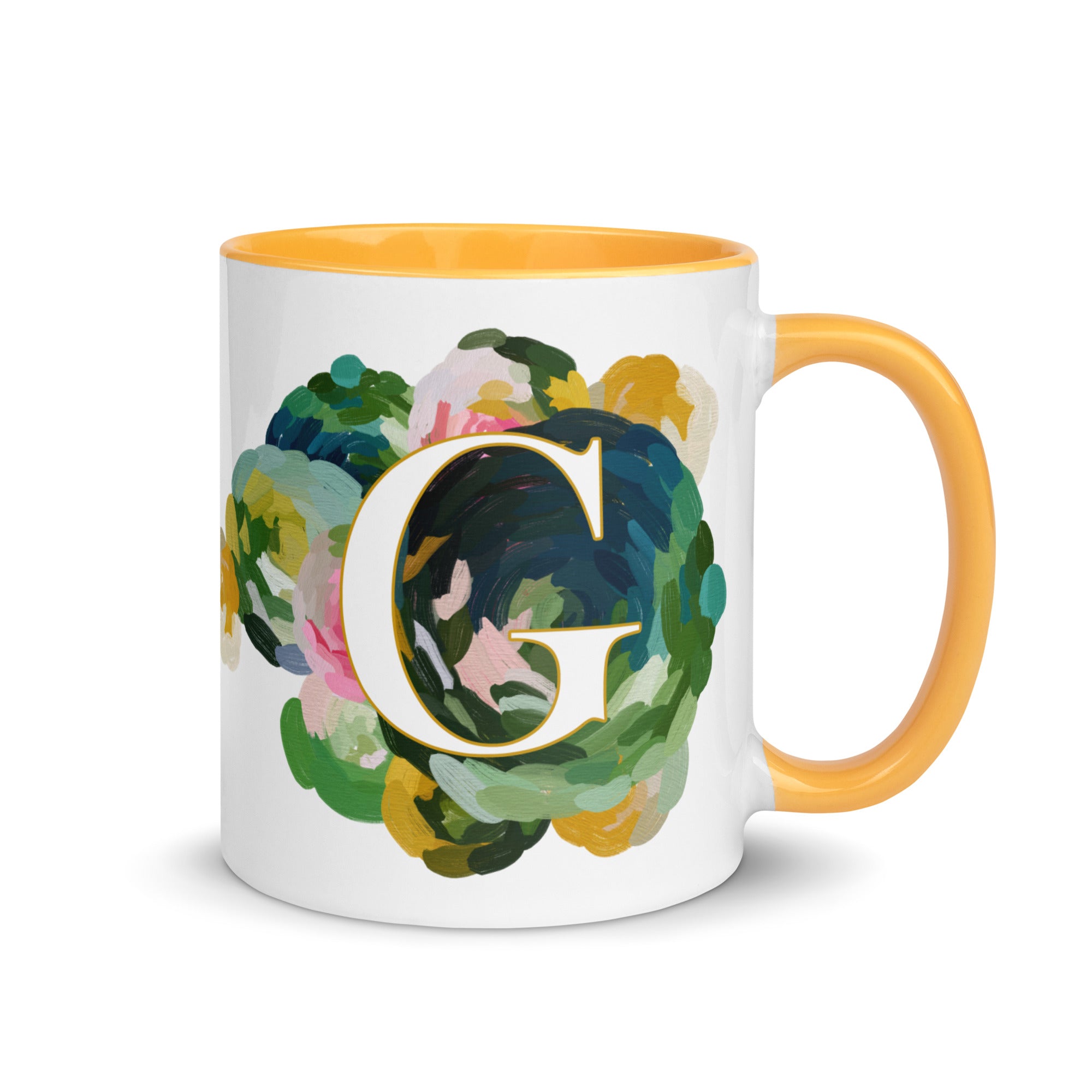 Blue Flowers Monogram Ceramic Mug - Letter G - Pretty coffee and tea mug for flower lovers. Yellow colored on the inside and the handle. Art by Parima Studio. Chic floral mug