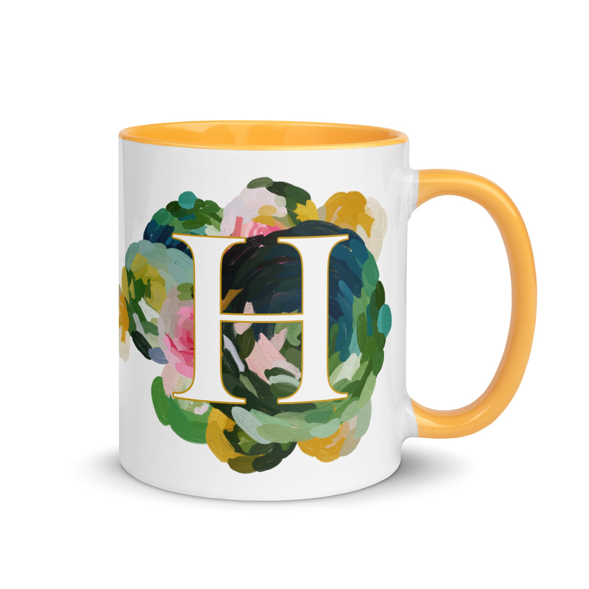 Blue Flowers Monogram Ceramic Mug - Letter H - Pretty coffee and tea mug for flower lovers. Yellow colored on the inside and the handle. Art by Parima Studio. Chic floral mug