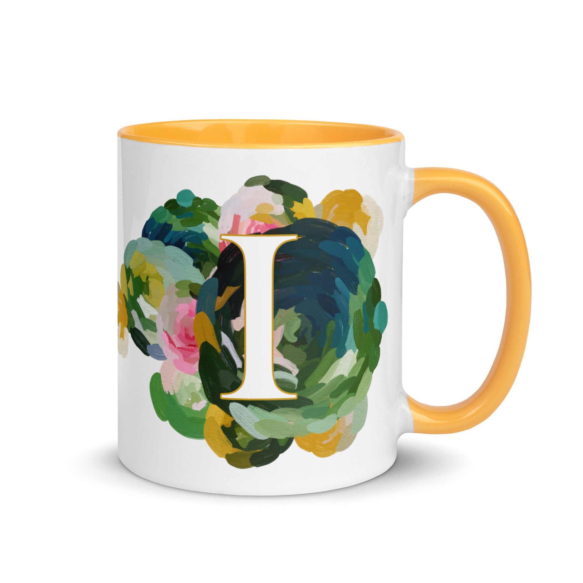 Blue Flowers Monogram Ceramic Mug - Letter I - Pretty coffee and tea mug for flower lovers. Yellow colored on the inside and the handle. Art by Parima Studio. Chic floral mug