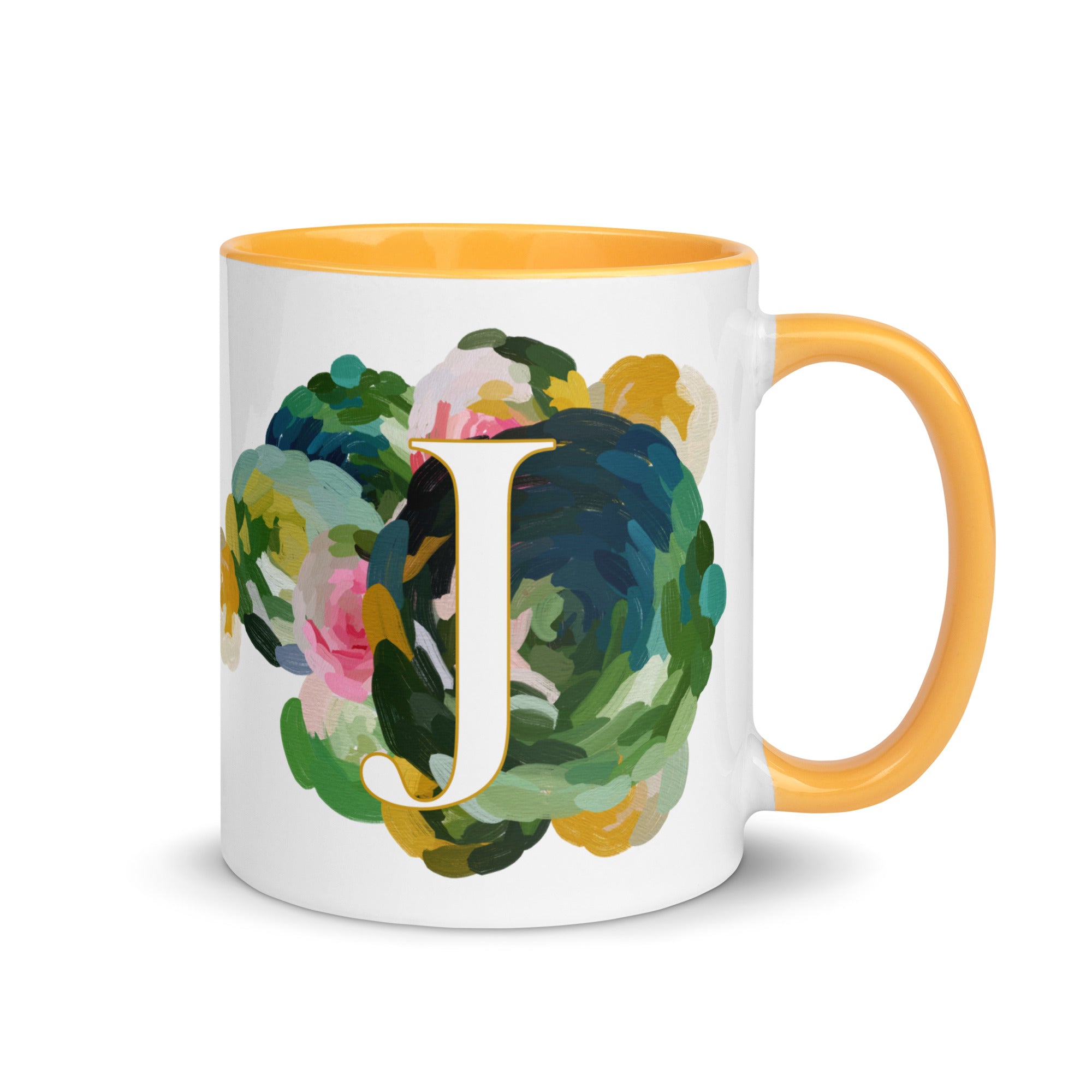 Blue Flowers Monogram Ceramic Mug - Letter J - Pretty coffee and tea mug for flower lovers. Yellow colored on the inside and the handle. Art by Parima Studio. Chic floral mug