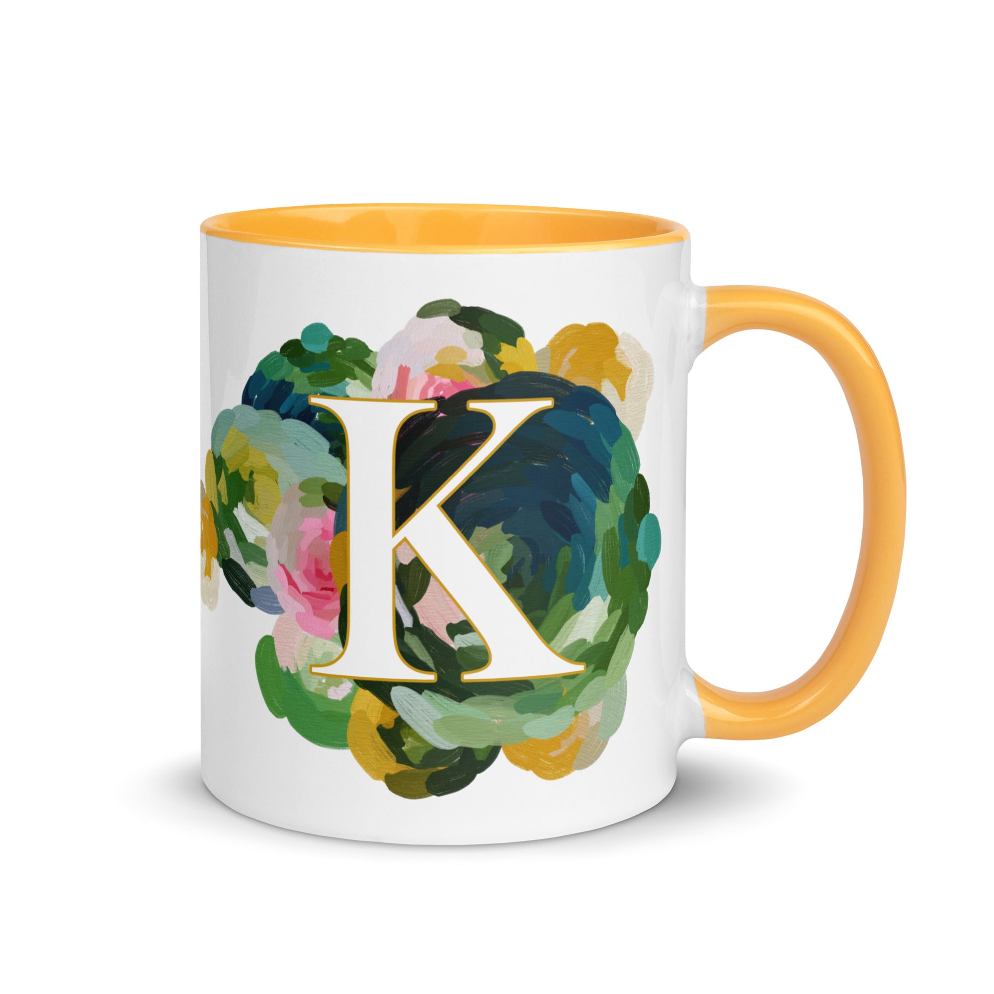 Blue Flowers Monogram Ceramic Mug - Letter K - Pretty coffee and tea mug for flower lovers. Yellow colored on the inside and the handle. Art by Parima Studio. Chic floral mug