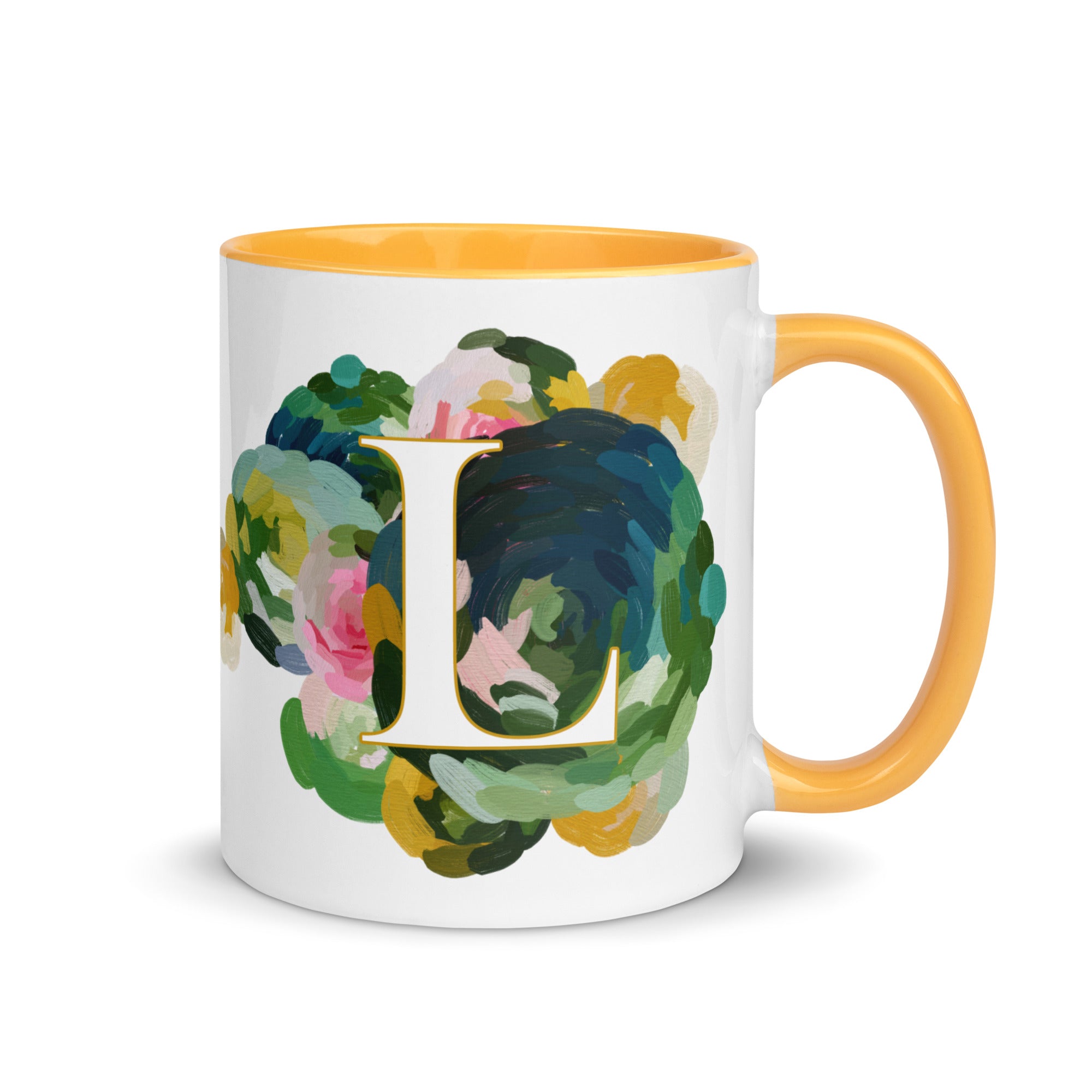 Blue Flowers Monogram Ceramic Mug - Letter L - Pretty coffee and tea mug for flower lovers. Yellow colored on the inside and the handle. Art by Parima Studio. Chic floral mug