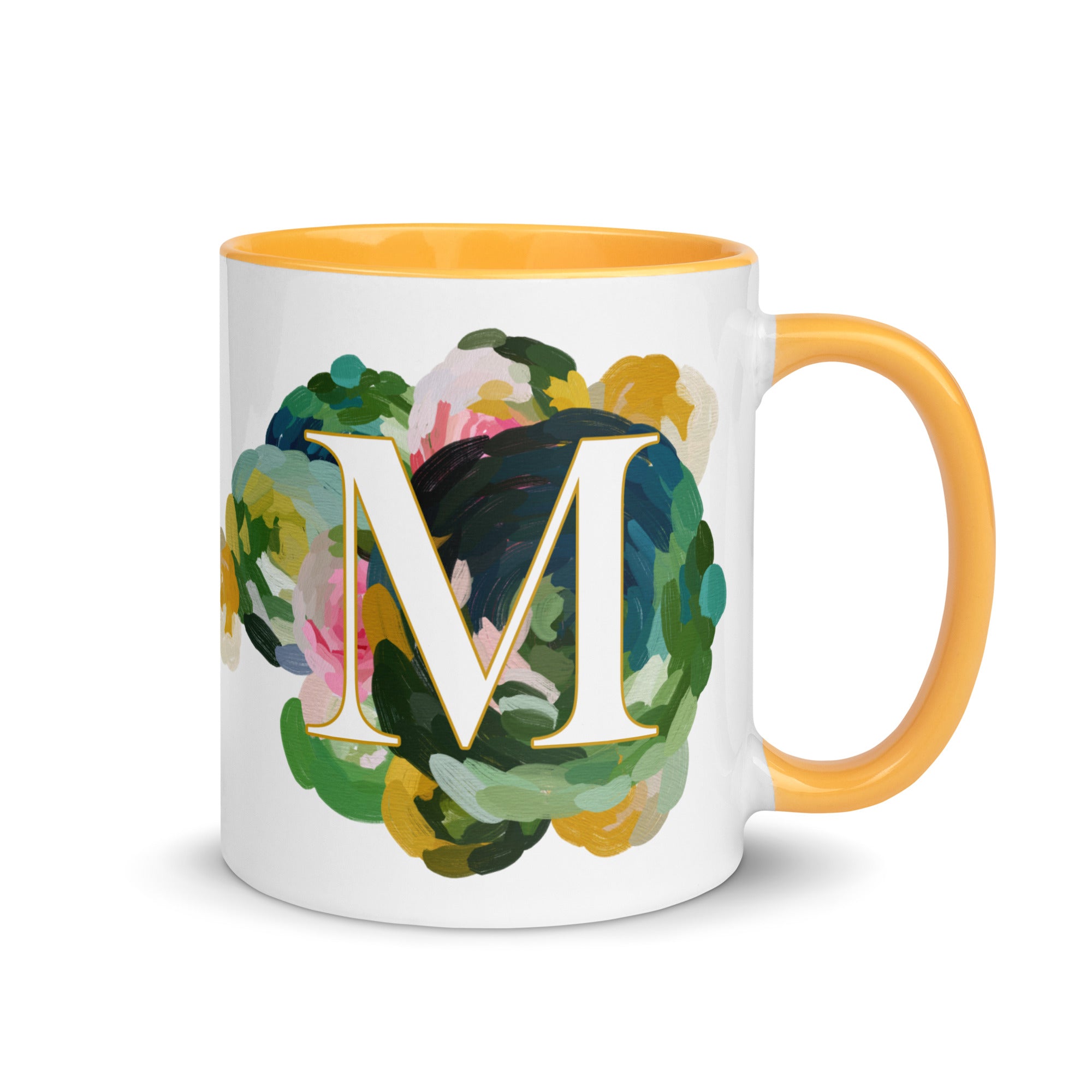 Blue Flowers Monogram Ceramic Mug - Letter M - Pretty coffee and tea mug for flower lovers. Bright light blue colored on the inside and the handle. Art by Parima Studio. Chic floral mug