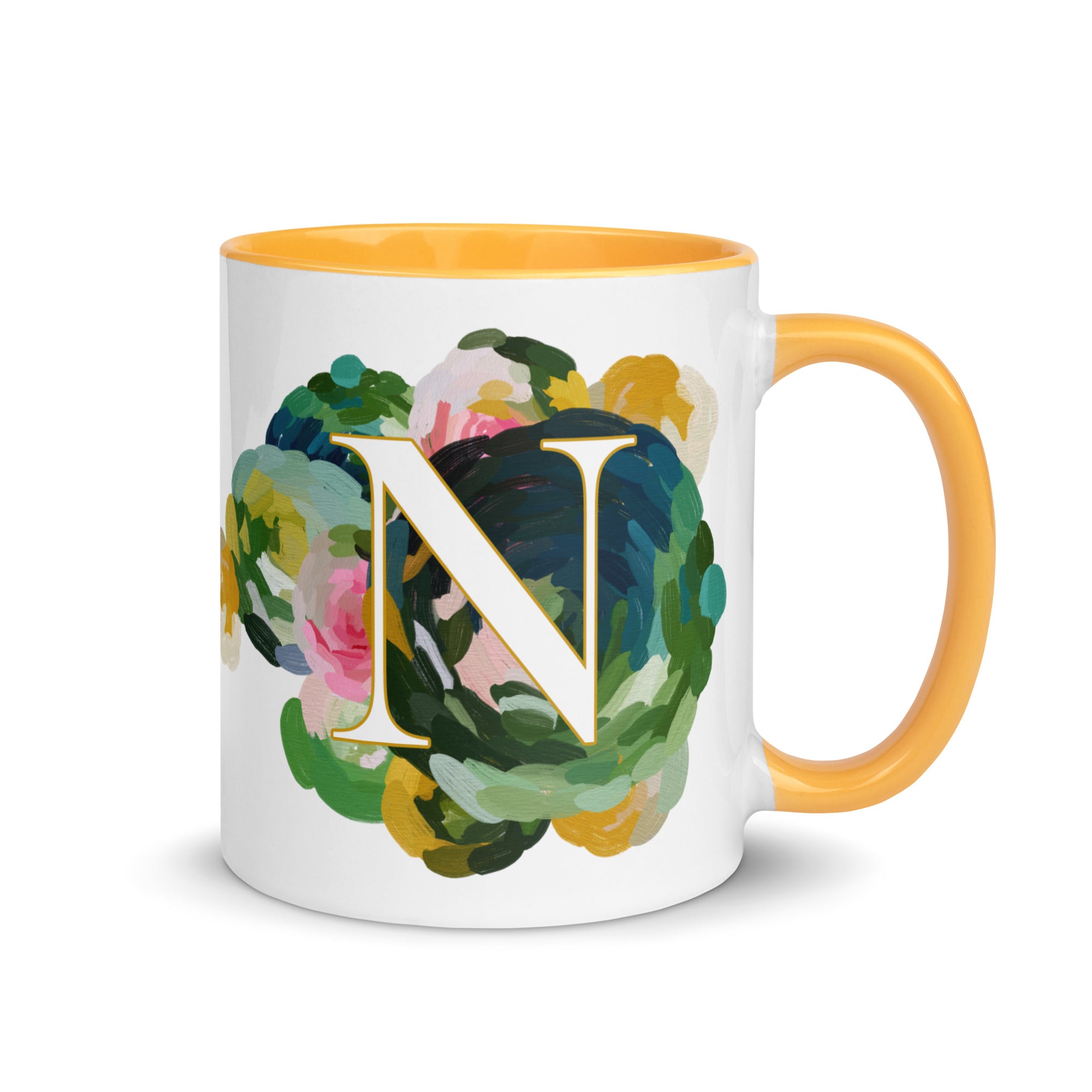 Blue Flowers Monogram Ceramic Mug - Letter N - Pretty coffee and tea mug for flower lovers. Yellow colored on the inside and the handle. Art by Parima Studio. Chic floral mug
