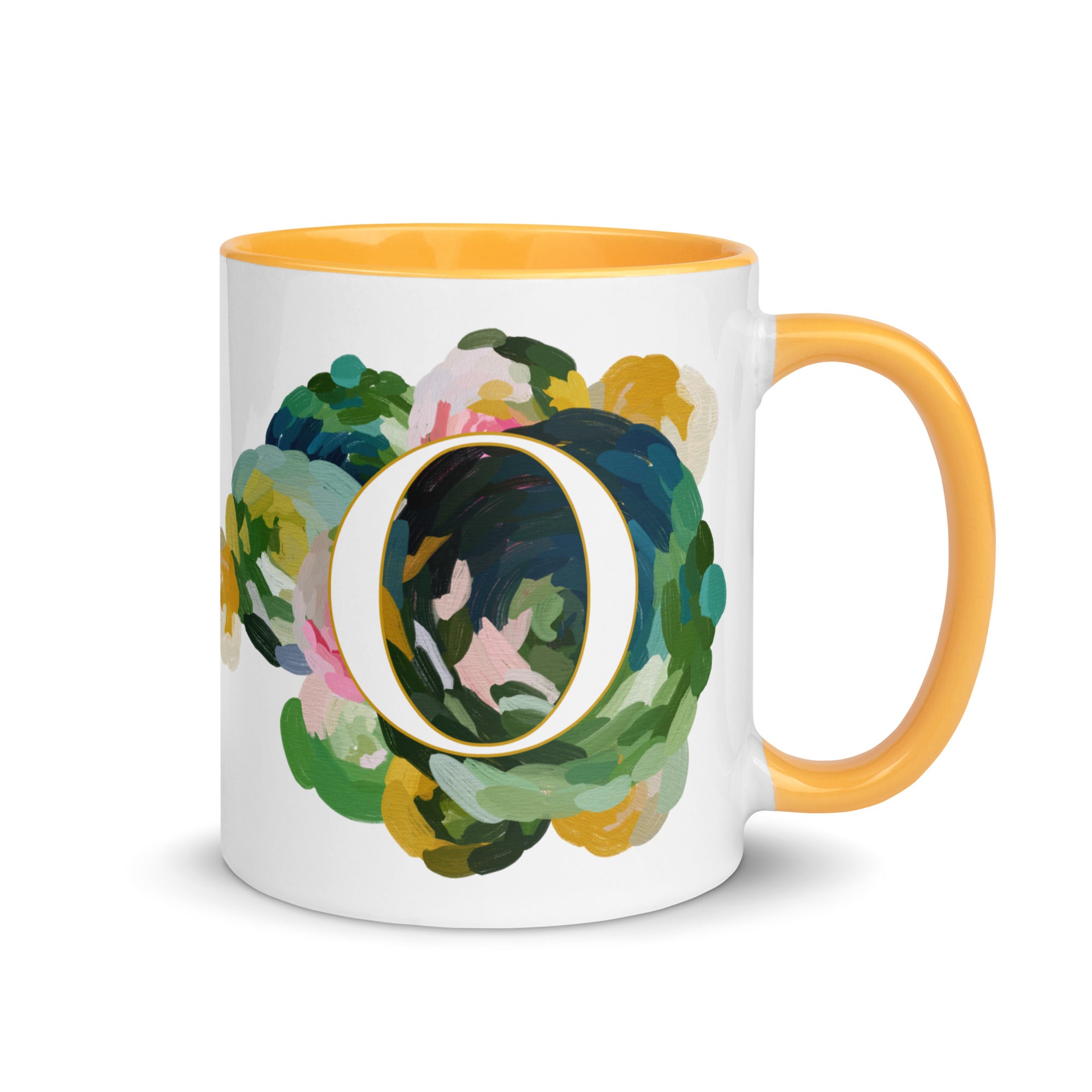 Blue Flowers Monogram Ceramic Mug - Letter O - Pretty coffee and tea mug for flower lovers. Yellow colored on the inside and the handle. Art by Parima Studio. Chic floral mug