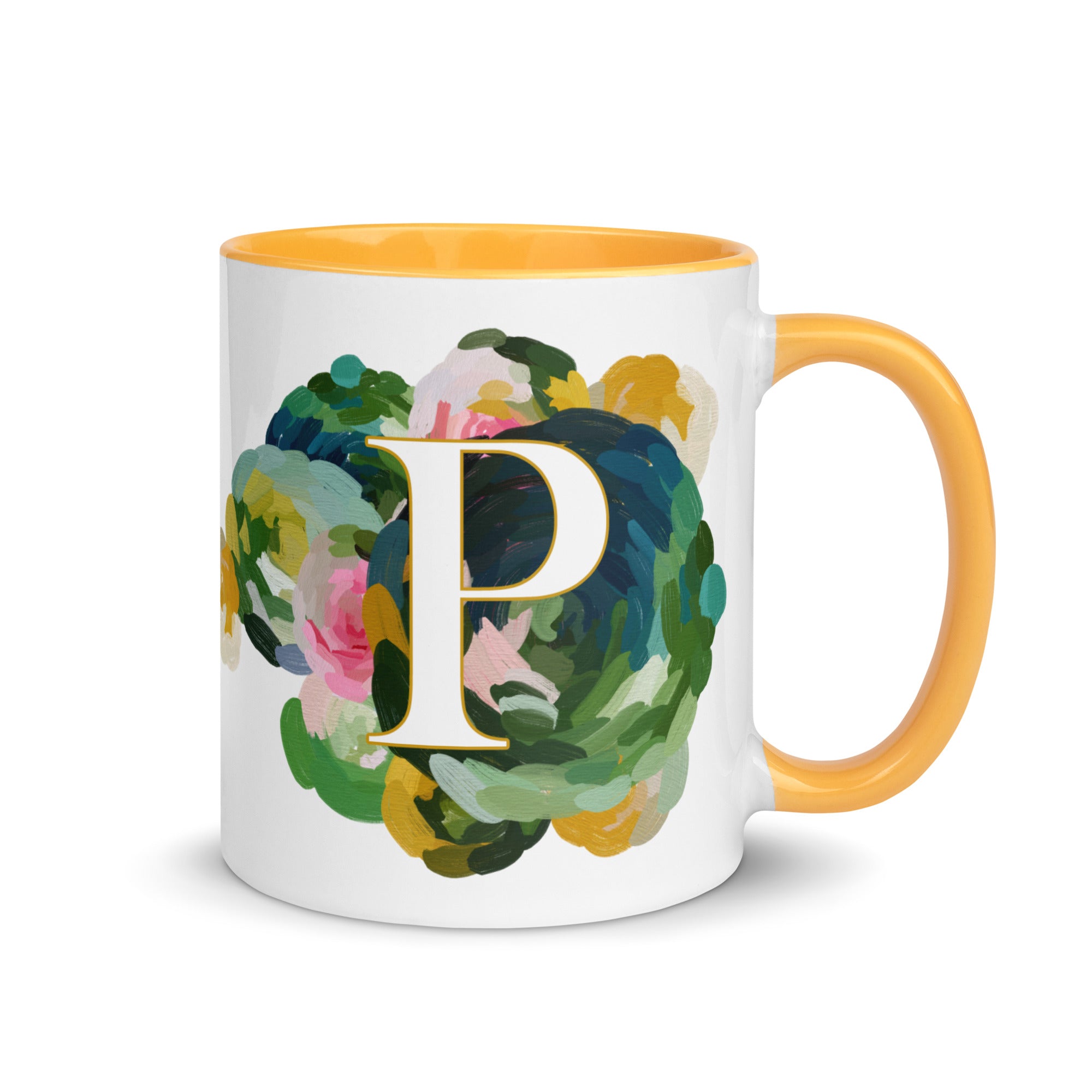 Blue Flowers Monogram Ceramic Mug - Letter P - Pretty coffee and tea mug for flower lovers. Yellow colored on the inside and the handle. Art by Parima Studio. Chic floral mug