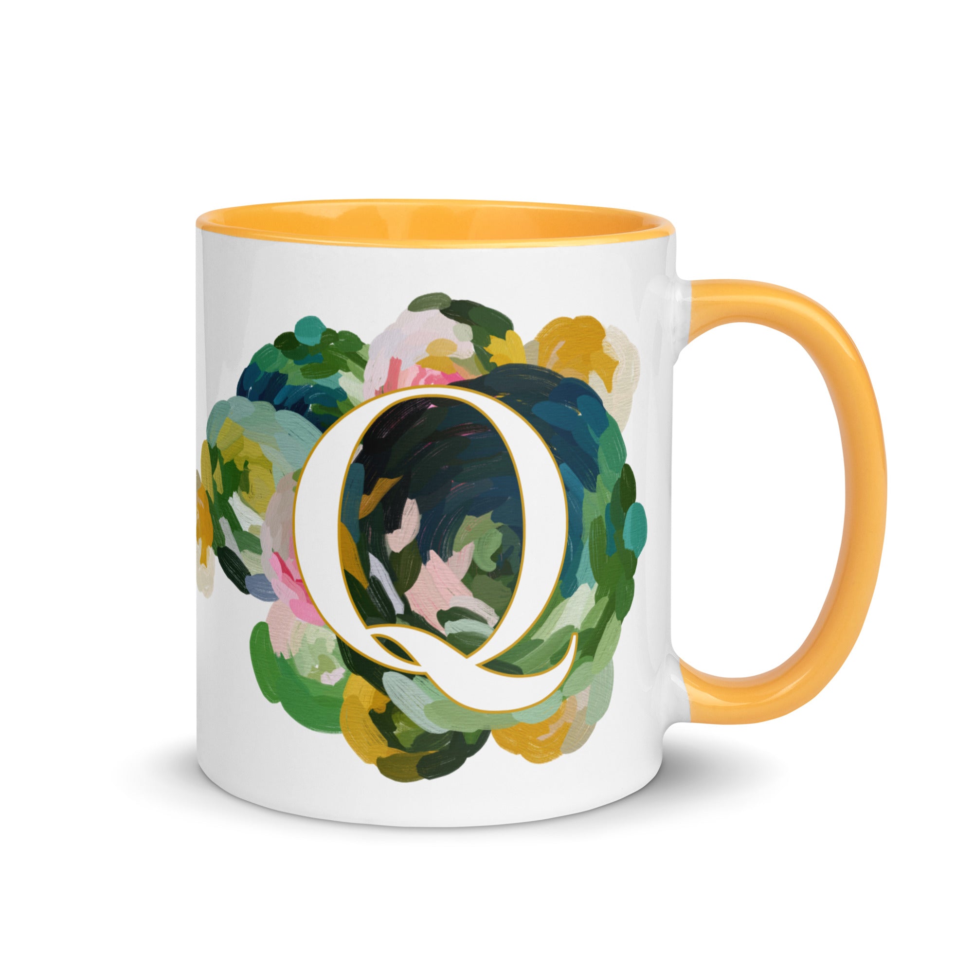 Blue Flowers Monogram Ceramic Mug - Letter Q - Pretty coffee and tea mug for flower lovers. Yellow colored on the inside and the handle. Art by Parima Studio. Chic floral mug