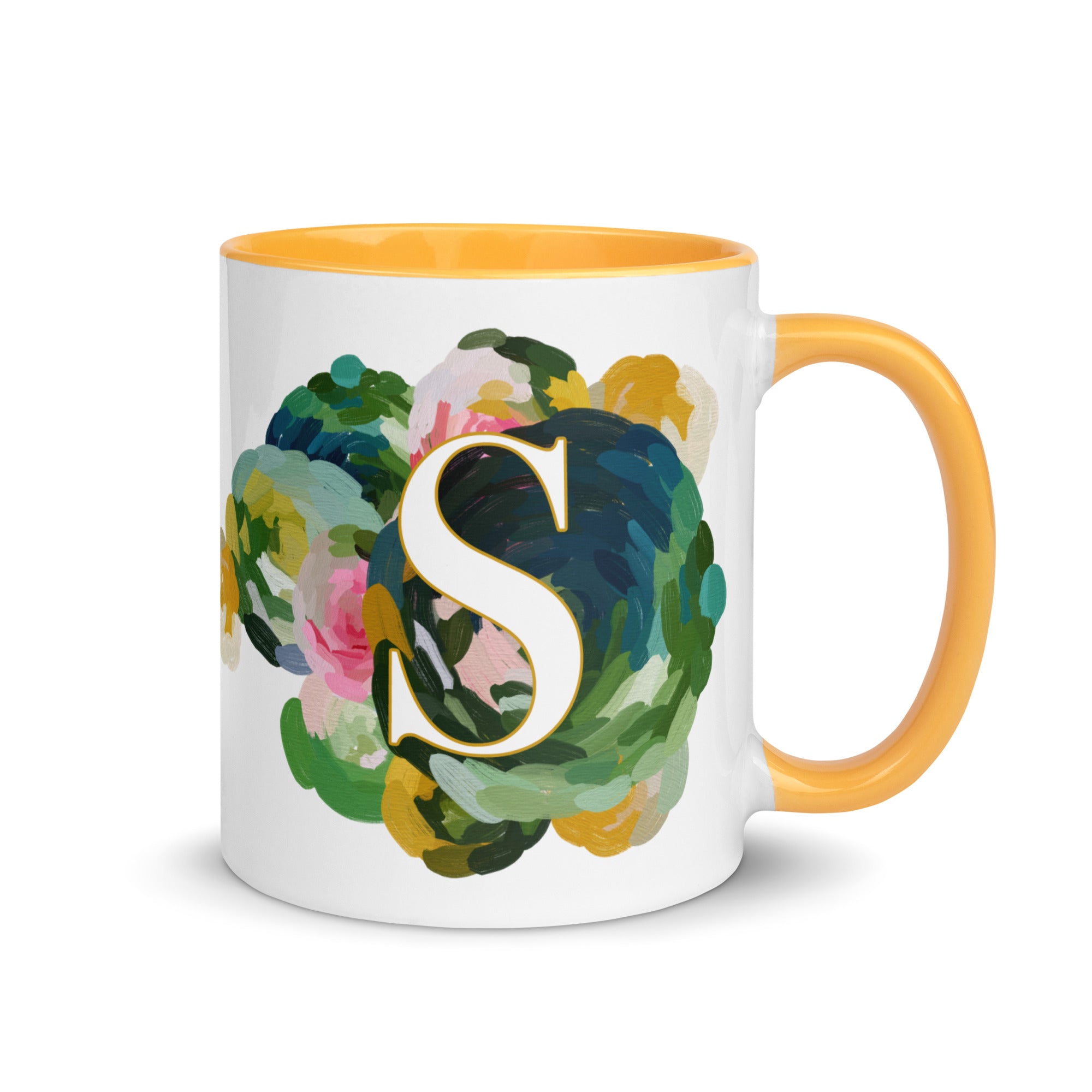 Blue Flowers Monogram Ceramic Mug - Letter S - Pretty coffee and tea mug for flower lovers. Yellow colored on the inside and the handle. Art by Parima Studio. Chic floral mug