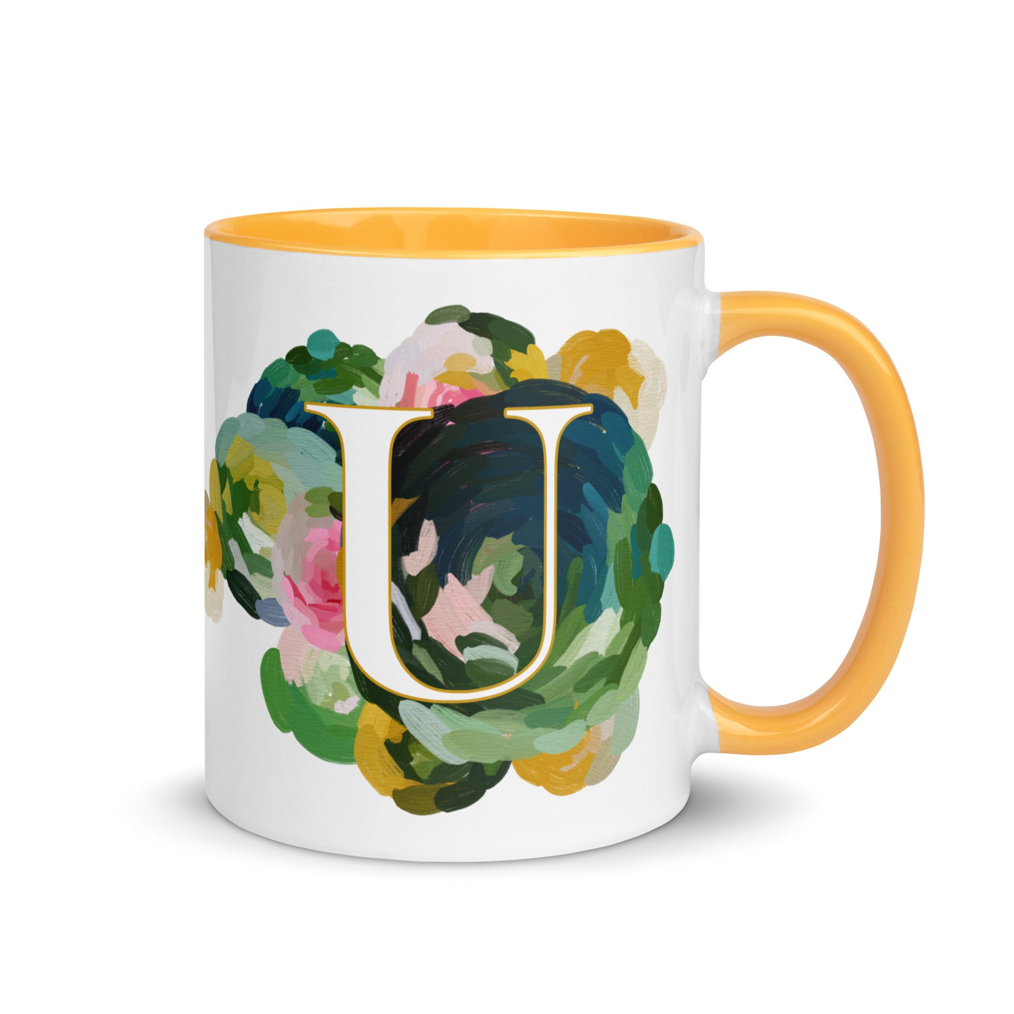 Blue Flowers Monogram Ceramic Mug - Letter U - Pretty coffee and tea mug for flower lovers. Yellow colored on the inside and the handle. Art by Parima Studio. Chic floral mug