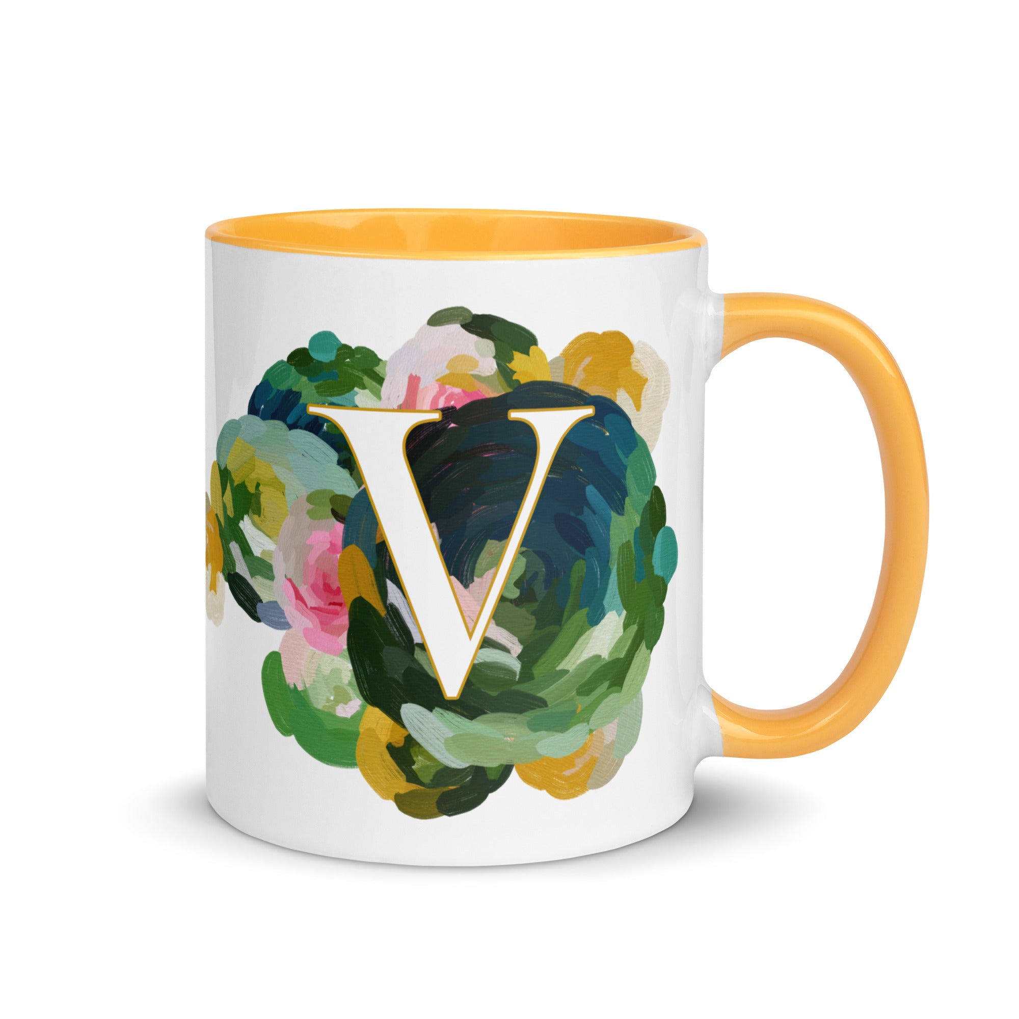 Blue Flowers Monogram Ceramic Mug - Letter V - Pretty coffee and tea mug for flower lovers. Yellow colored on the inside and the handle. Art by Parima Studio. Chic floral mug