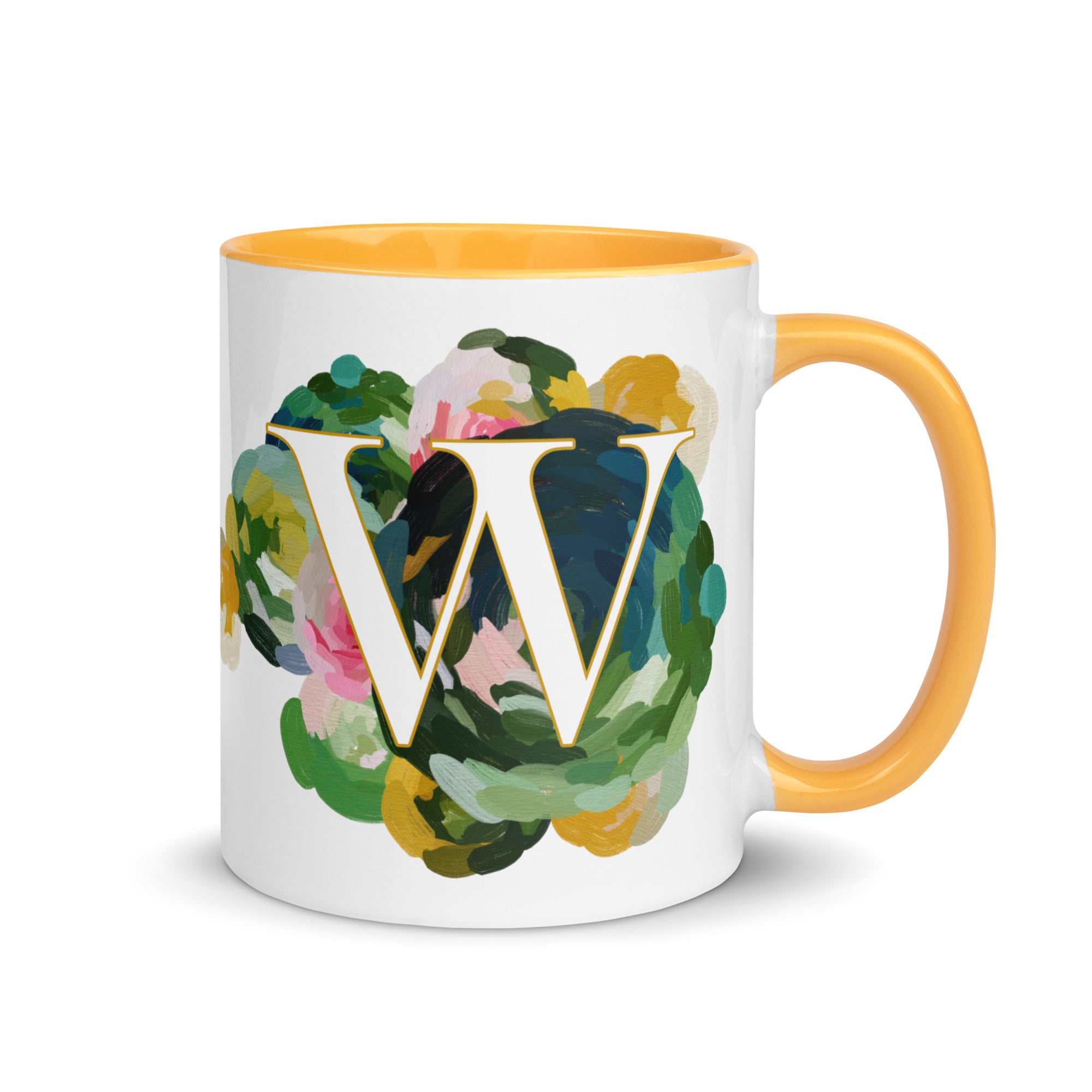 Blue Flowers Monogram Ceramic Mug - LetterW - Pretty coffee and tea mug for flower lovers. Yellow colored on the inside and the handle. Art by Parima Studio. Chic floral mug