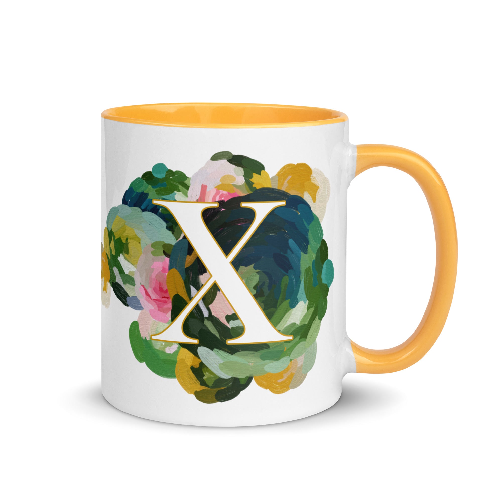 Blue Flowers Monogram Ceramic Mug - Letter X - Pretty coffee and tea mug for flower lovers. Yellow colored on the inside and the handle. Art by Parima Studio. Chic floral mug