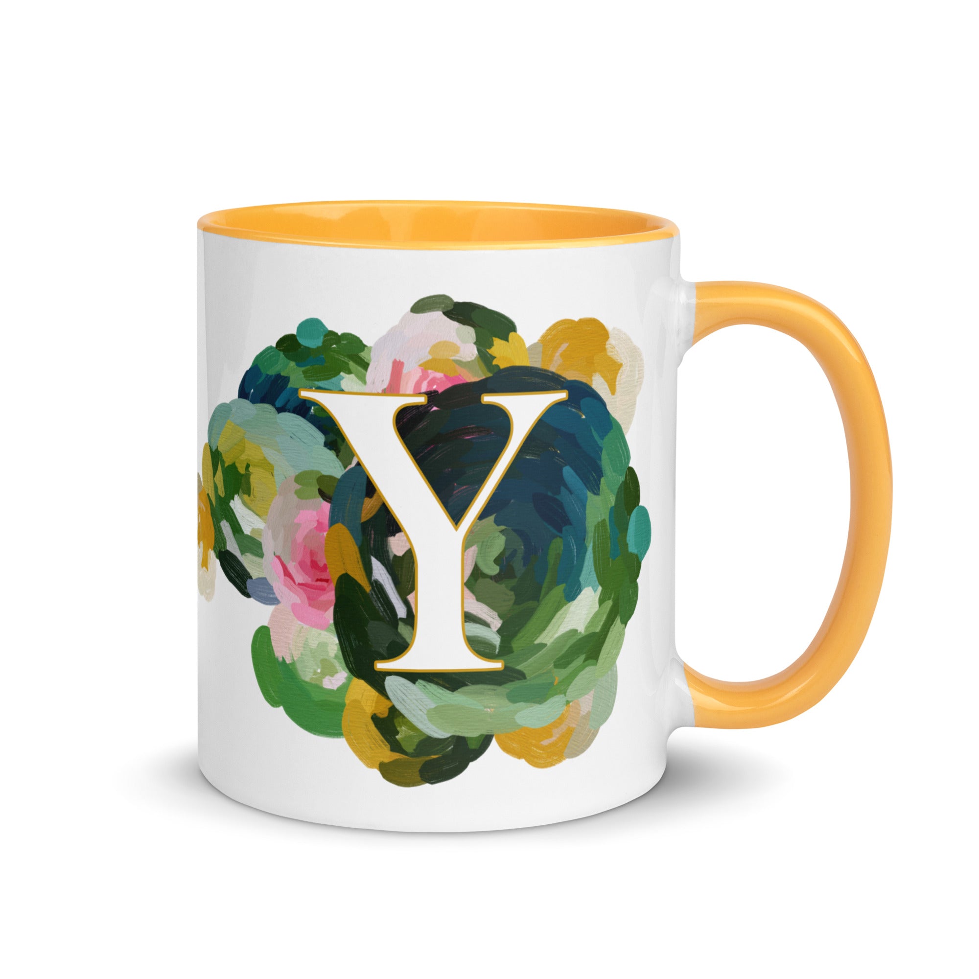Blue Flowers Monogram Ceramic Mug - Letter Y - Pretty coffee and tea mug for flower lovers. Bright light blue colored on the inside and the handle. Art by Parima Studio. Chic floral mug