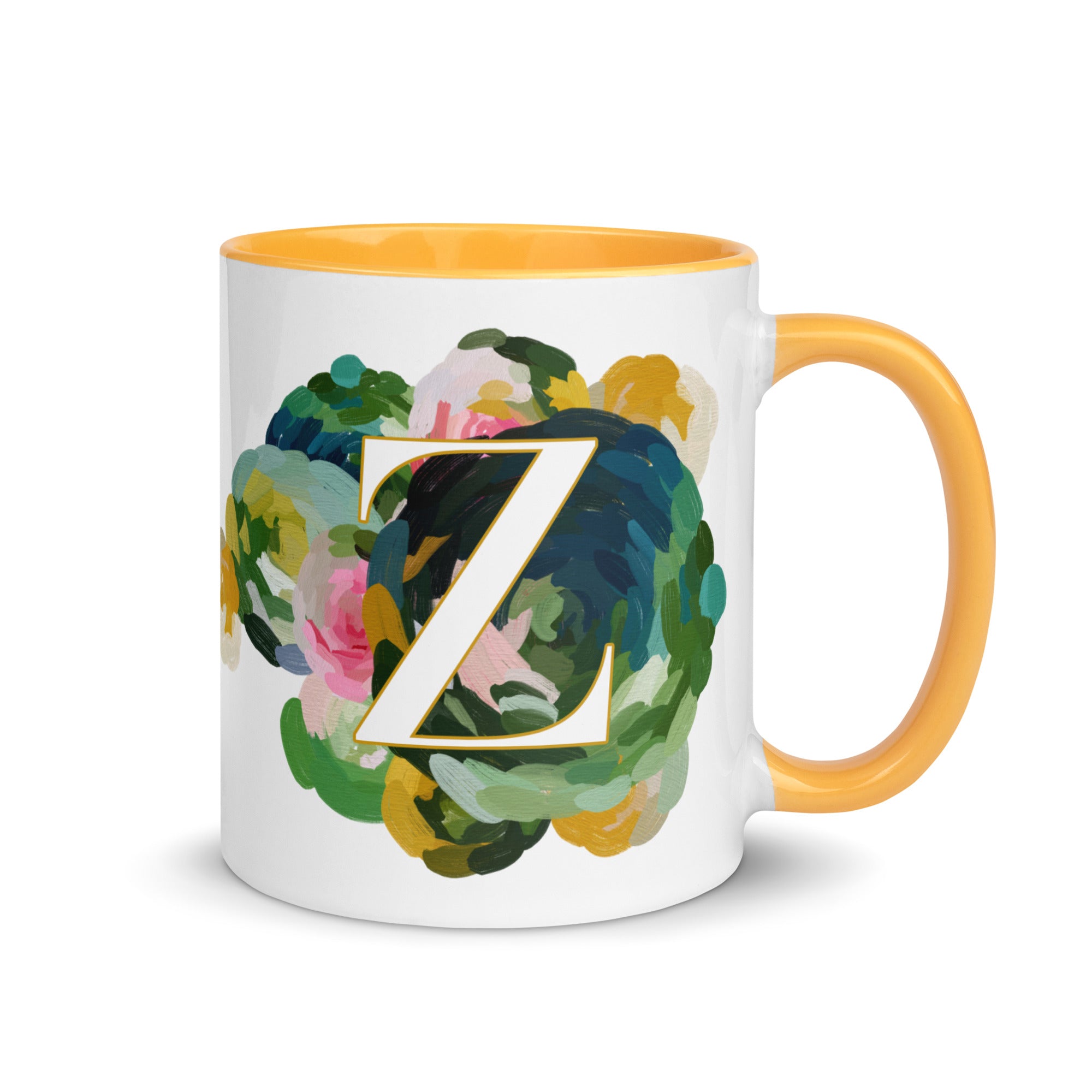 Blue Flowers Monogram Ceramic Mug - Letter Z - Pretty coffee and tea mug for flower lovers. Yellow colored on the inside and the handle. Art by Parima Studio. Chic floral mug