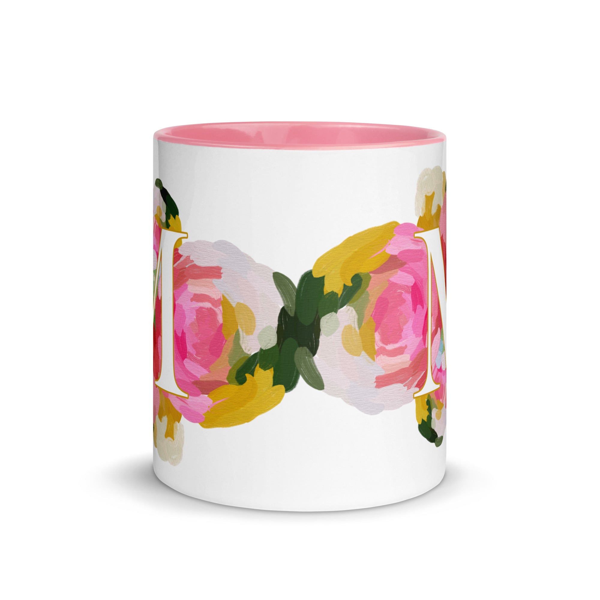 Pink Flowers Monogram Ceramic Mug - Letter M - Pretty coffee and tea mug for flower lovers. Colored on the inside and the handle. Art by Parima Studio. Chic floral mug