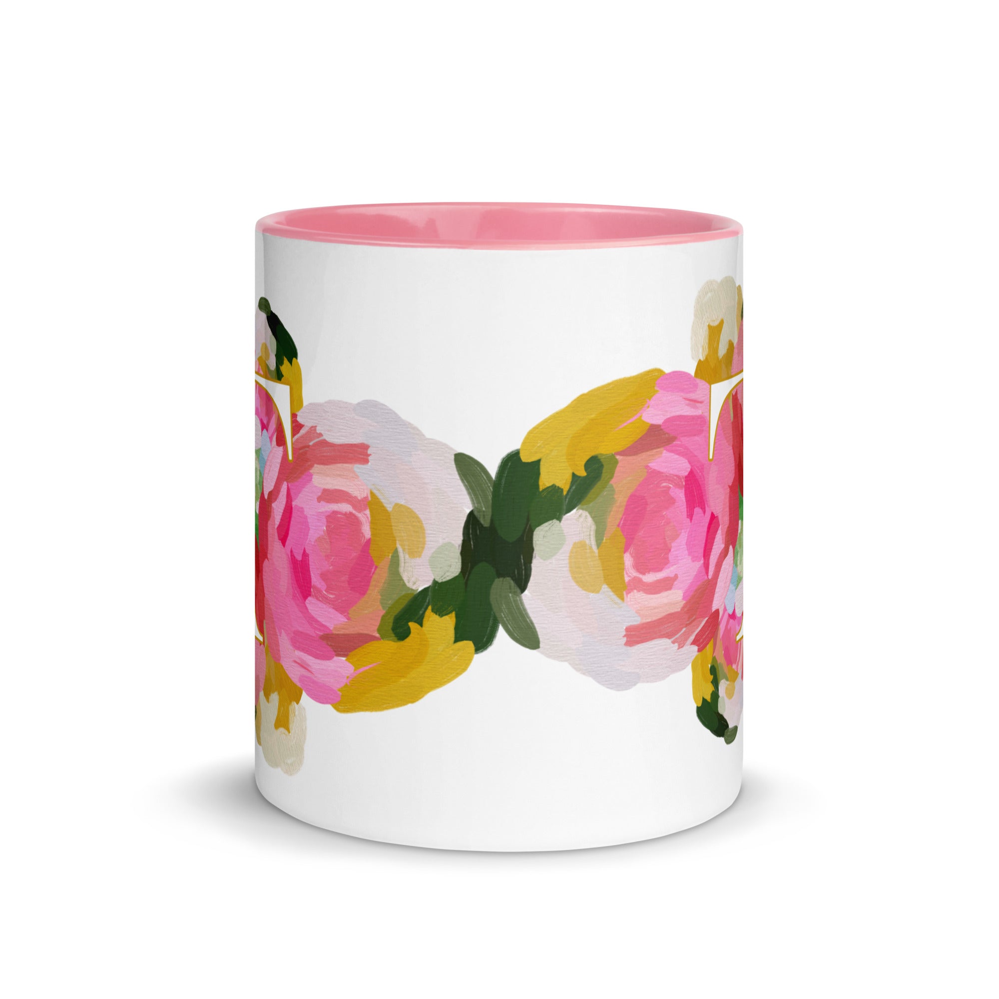 Pink Flowers Monogram Ceramic Mug - Letter T - Pretty coffee and tea mug for flower lovers. Colored on the inside and the handle. Art by Parima Studio. Chic floral mug