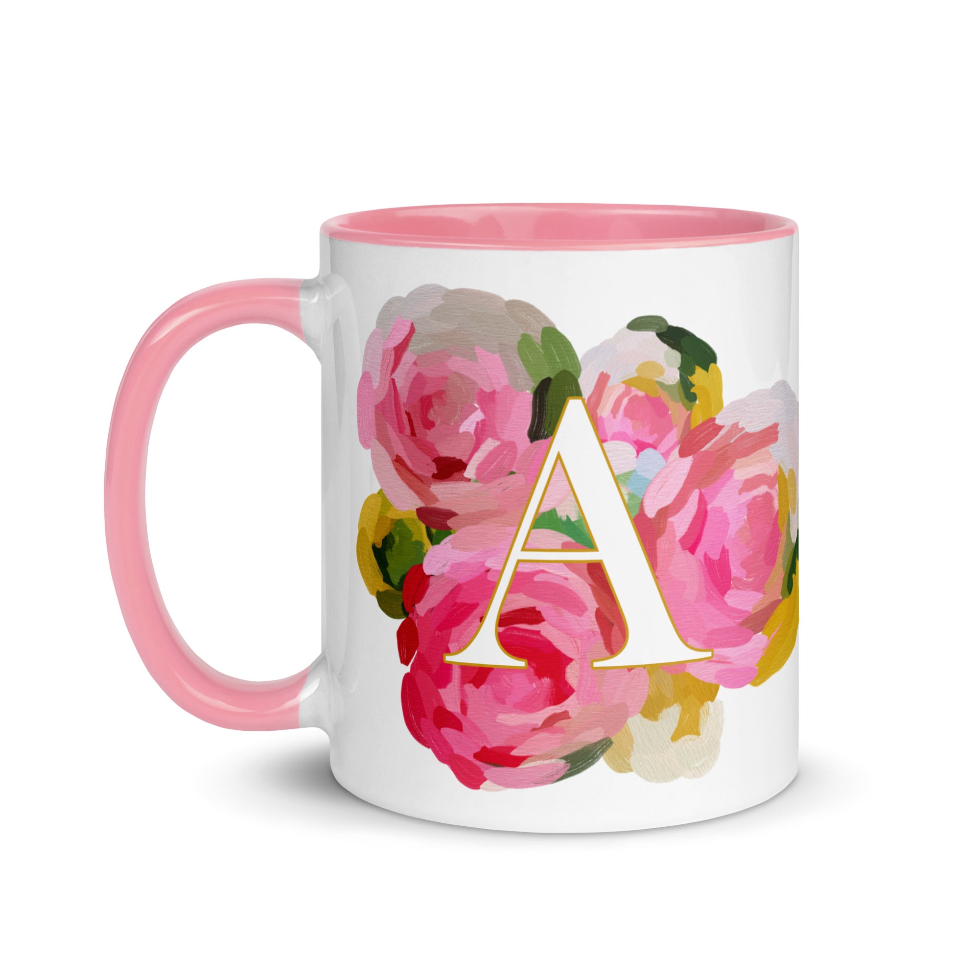 Pink Flowers Monogram Ceramic Mug - Letter A - Pretty coffee and tea mug for flower lovers. Colored on the inside and the handle. Art by Parima Studio