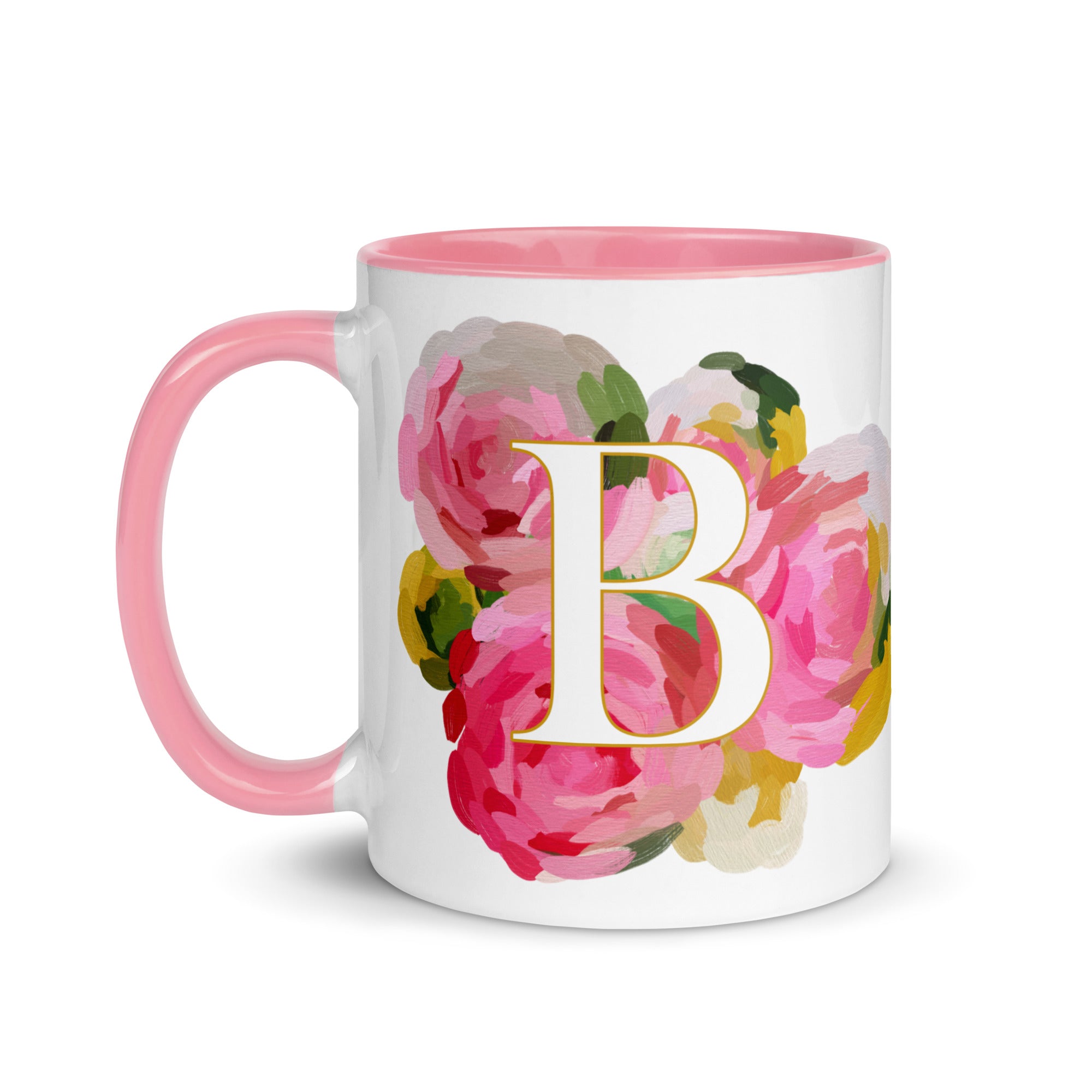 Pink Flowers Monogram Ceramic Mug - Letter B - Pretty coffee and tea mug for flower lovers. Colored on the inside and the handle. Art by Parima Studio. Chic floral mug