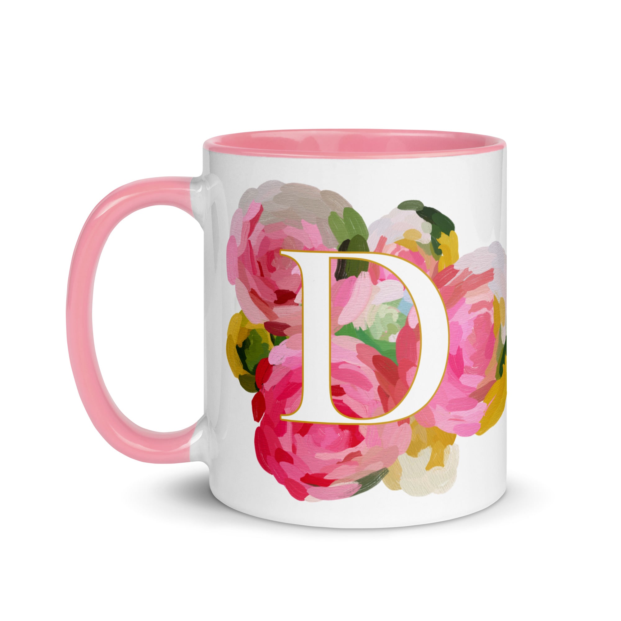 Pink Flowers Monogram Ceramic Mug - Letter D - Pretty coffee and tea mug for flower lovers. Colored on the inside and the handle. Art by Parima Studio. Chic floral mug