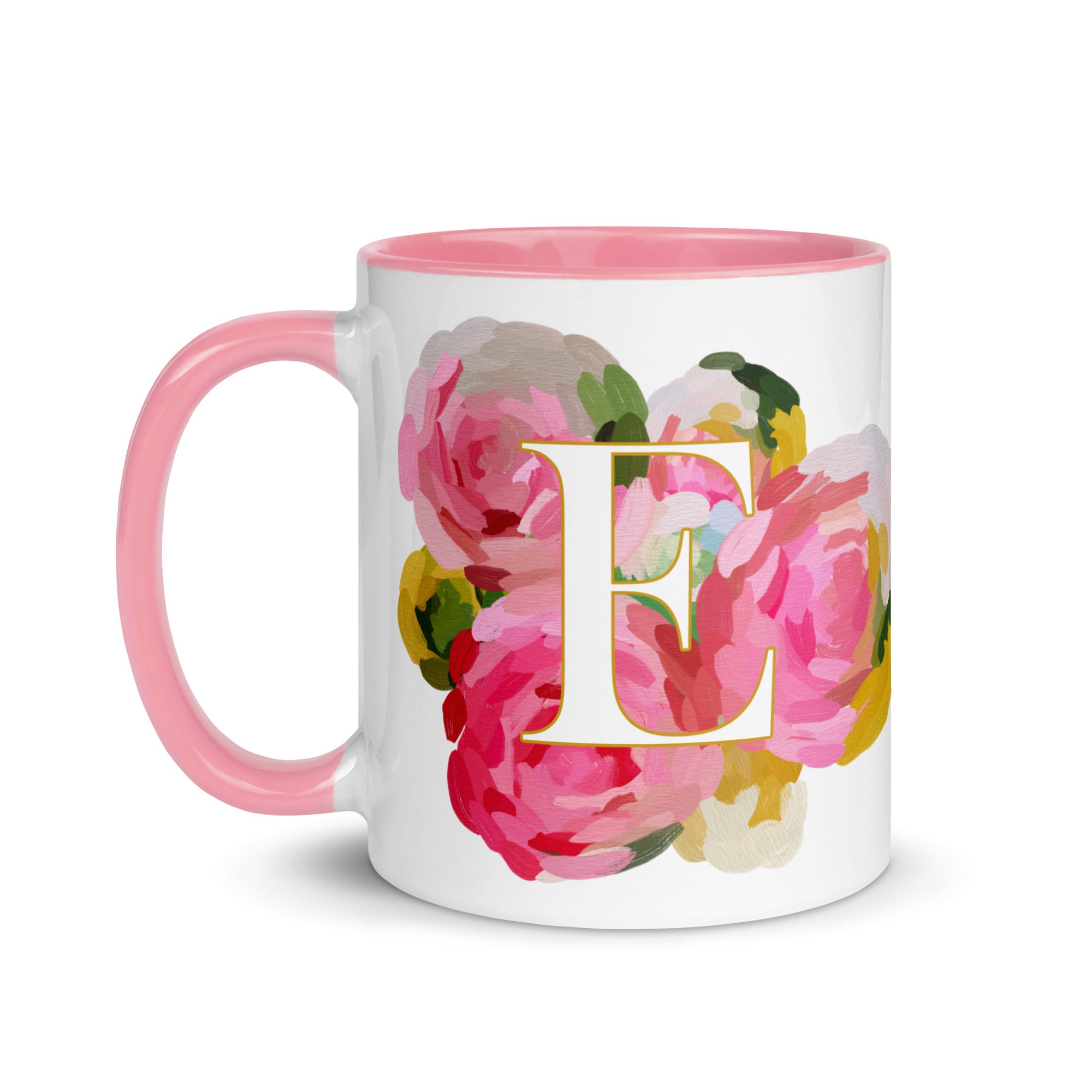 Pink Flowers Monogram Ceramic Mug - Letter A - Pretty coffee and tea mug for flower lovers. Colored on the inside and the handle. Art by Parima Studio. Chic floral mug