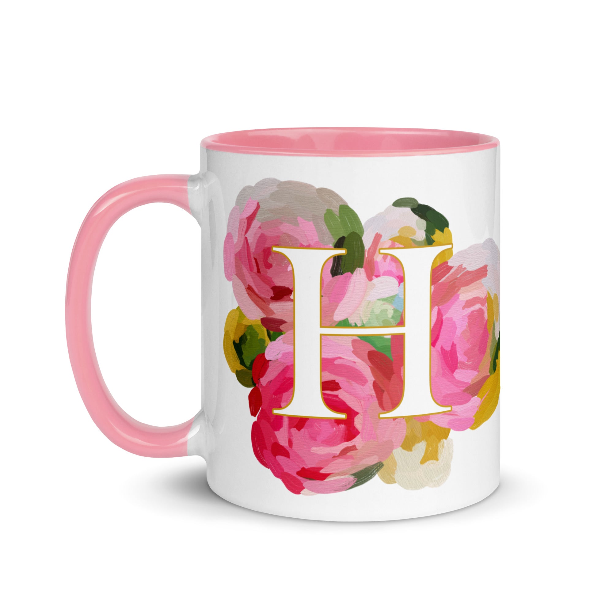 Pink Flowers Monogram Ceramic Mug - Letter A - Pretty coffee and tea mug for flower lovers. Colored on the inside and the handle. Art by Parima Studio. Chic floral mug