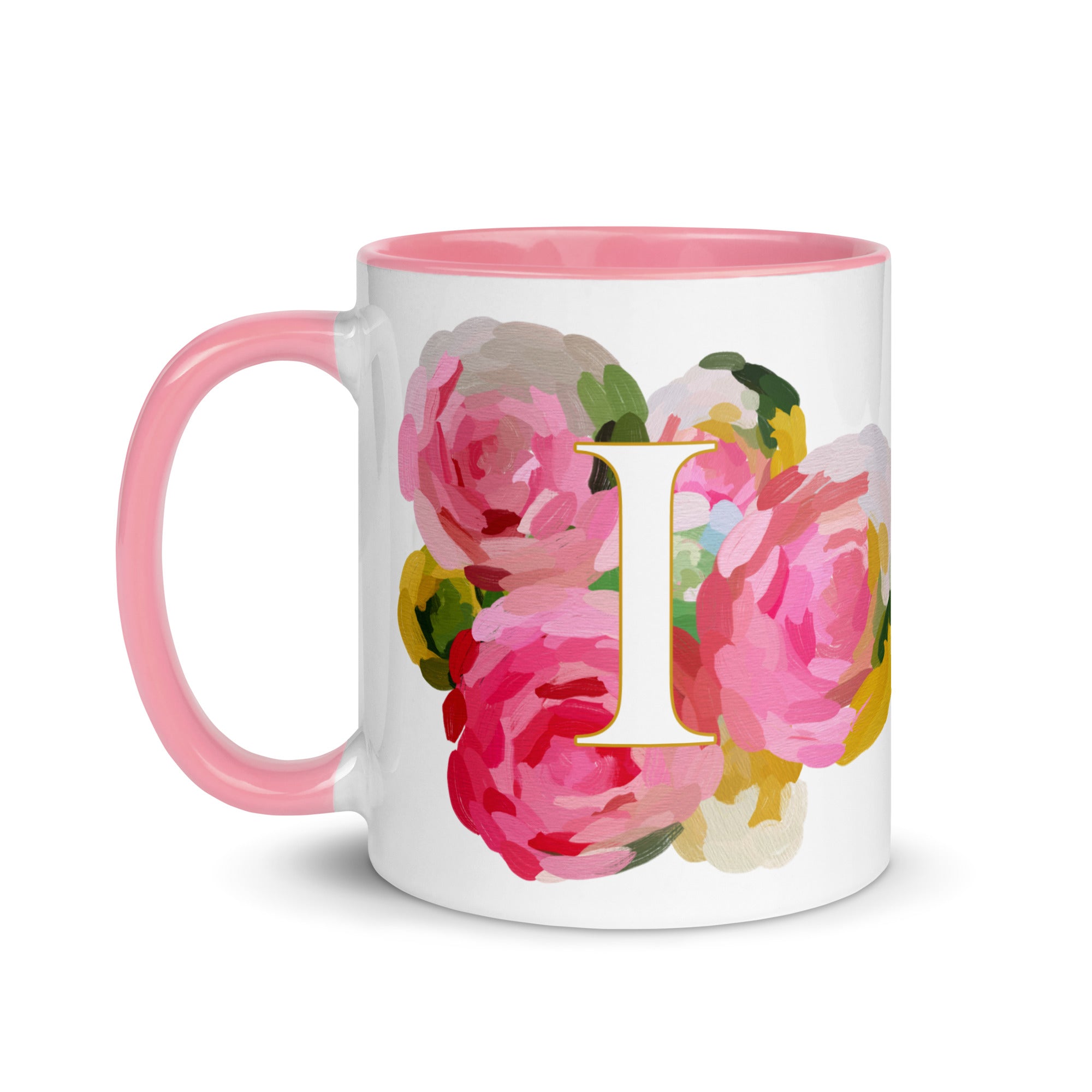 Pink Flowers Monogram Ceramic Mug - Letter I - Pretty coffee and tea mug for flower lovers. Colored on the inside and the handle. Art by Parima Studio. Chic floral mug