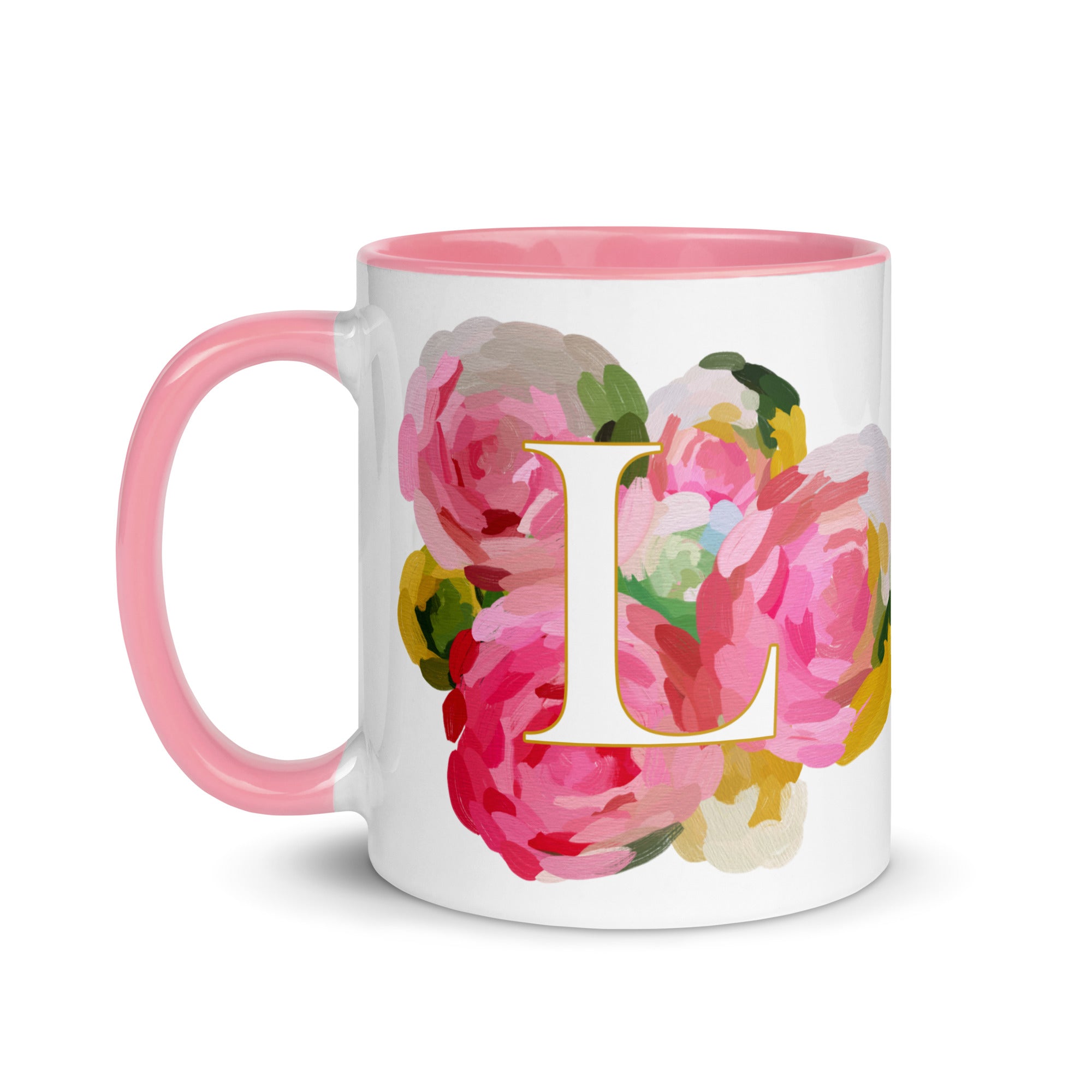 Pink Flowers Monogram Ceramic Mug - Letter L - Pretty coffee and tea mug for flower lovers. Colored on the inside and the handle. Art by Parima Studio. Chic floral mug