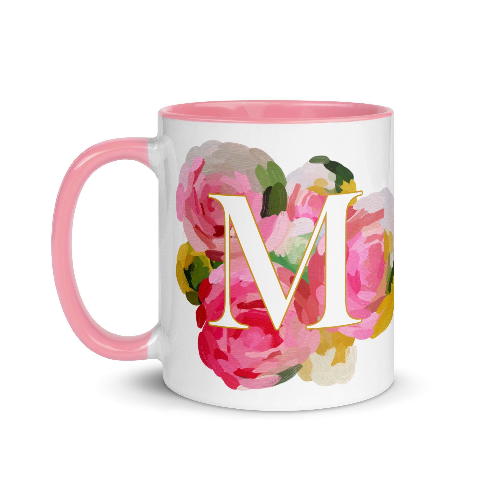 Pink Flowers Monogram Ceramic Mug - Letter M - Pretty coffee and tea mug for flower lovers. Colored on the inside and the handle. Art by Parima Studio. Chic floral mug