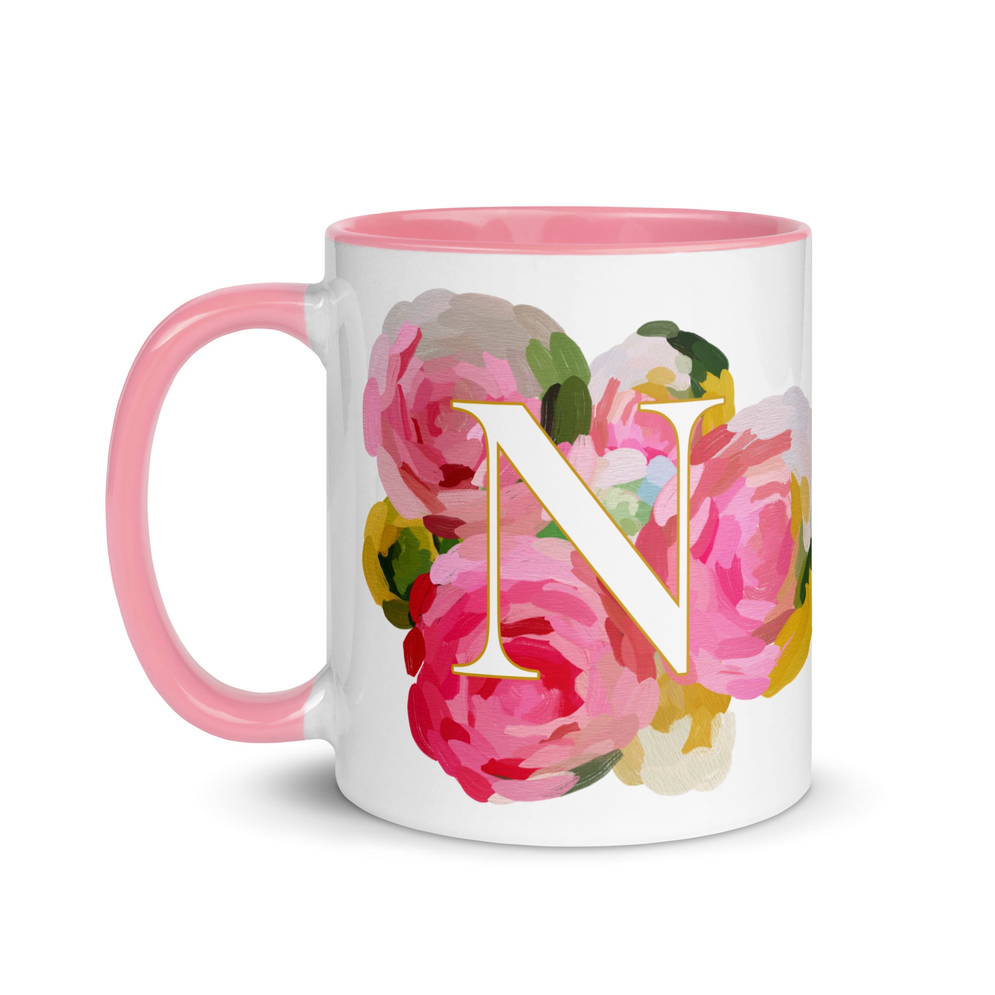 Pink Flowers Monogram Ceramic Mug - Letter N - Pretty coffee and tea mug for flower lovers. Colored on the inside and the handle. Art by Parima Studio. Chic floral mug