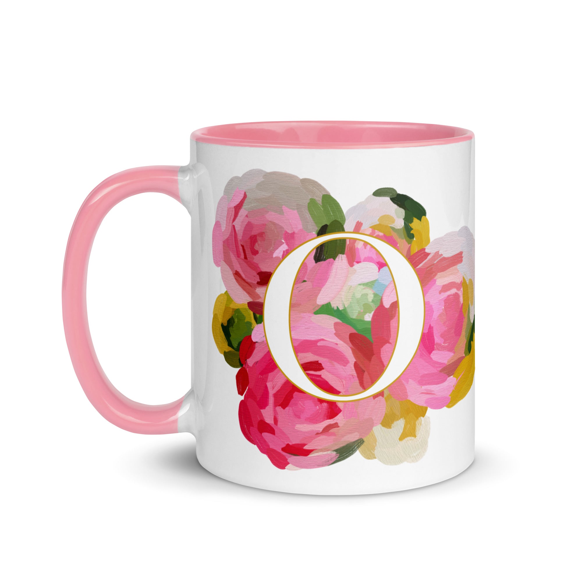 Pink Flowers Monogram Ceramic Mug - Letter O - Pretty coffee and tea mug for flower lovers. Colored on the inside and the handle. Art by Parima Studio. Chic floral mug