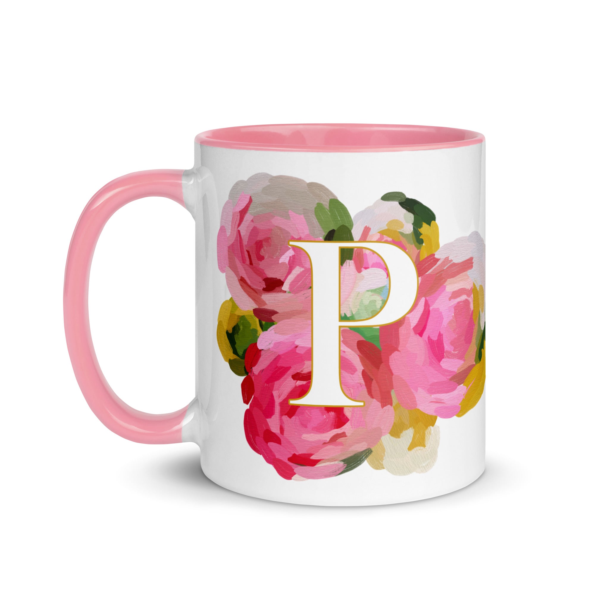 Pink Flowers Monogram Ceramic Mug - Letter P - Pretty coffee and tea mug for flower lovers. Colored on the inside and the handle. Art by Parima Studio. Chic floral mug