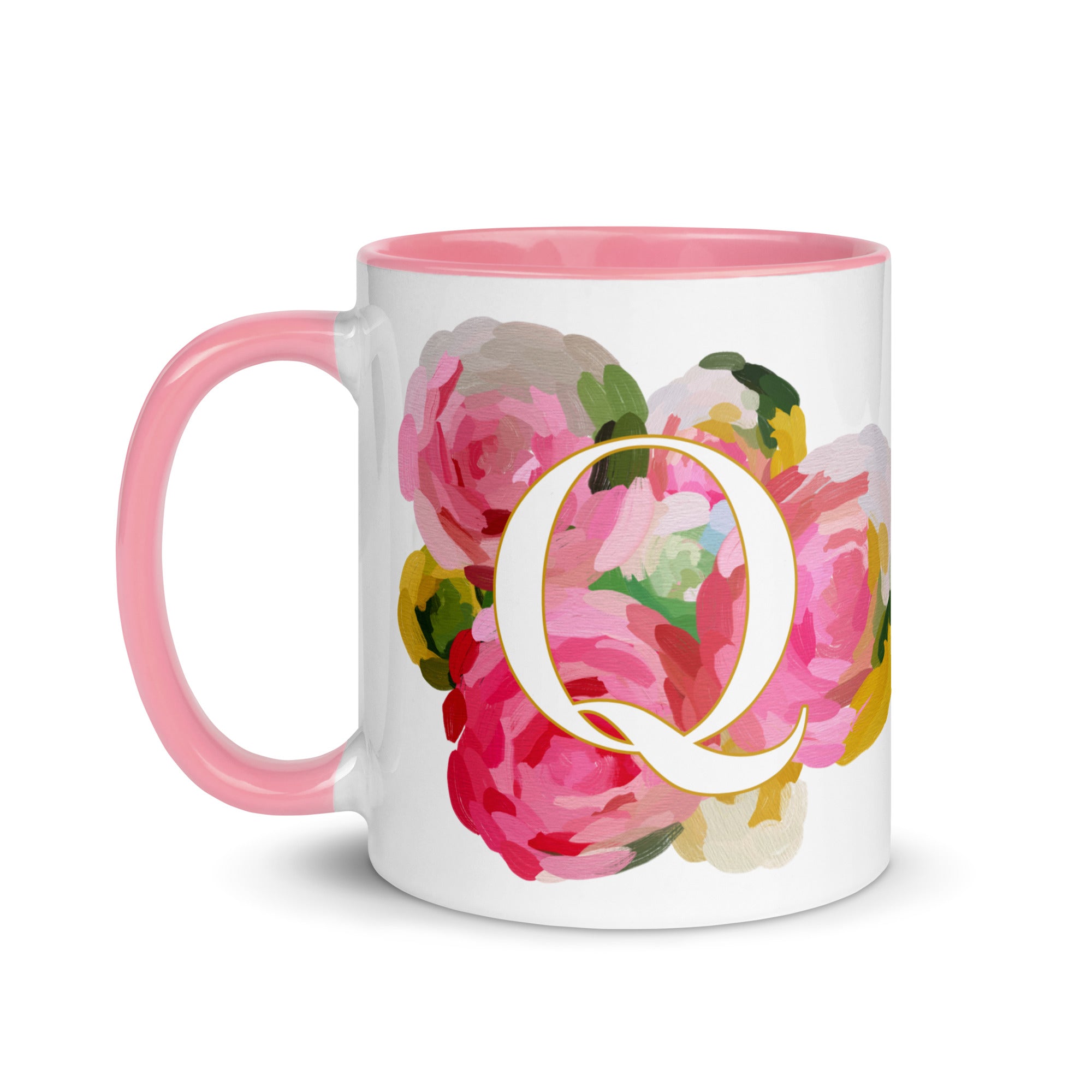 Pink Flowers Monogram Ceramic Mug - Letter Q - Pretty coffee and tea mug for flower lovers. Colored on the inside and the handle. Art by Parima Studio. Chic floral mug