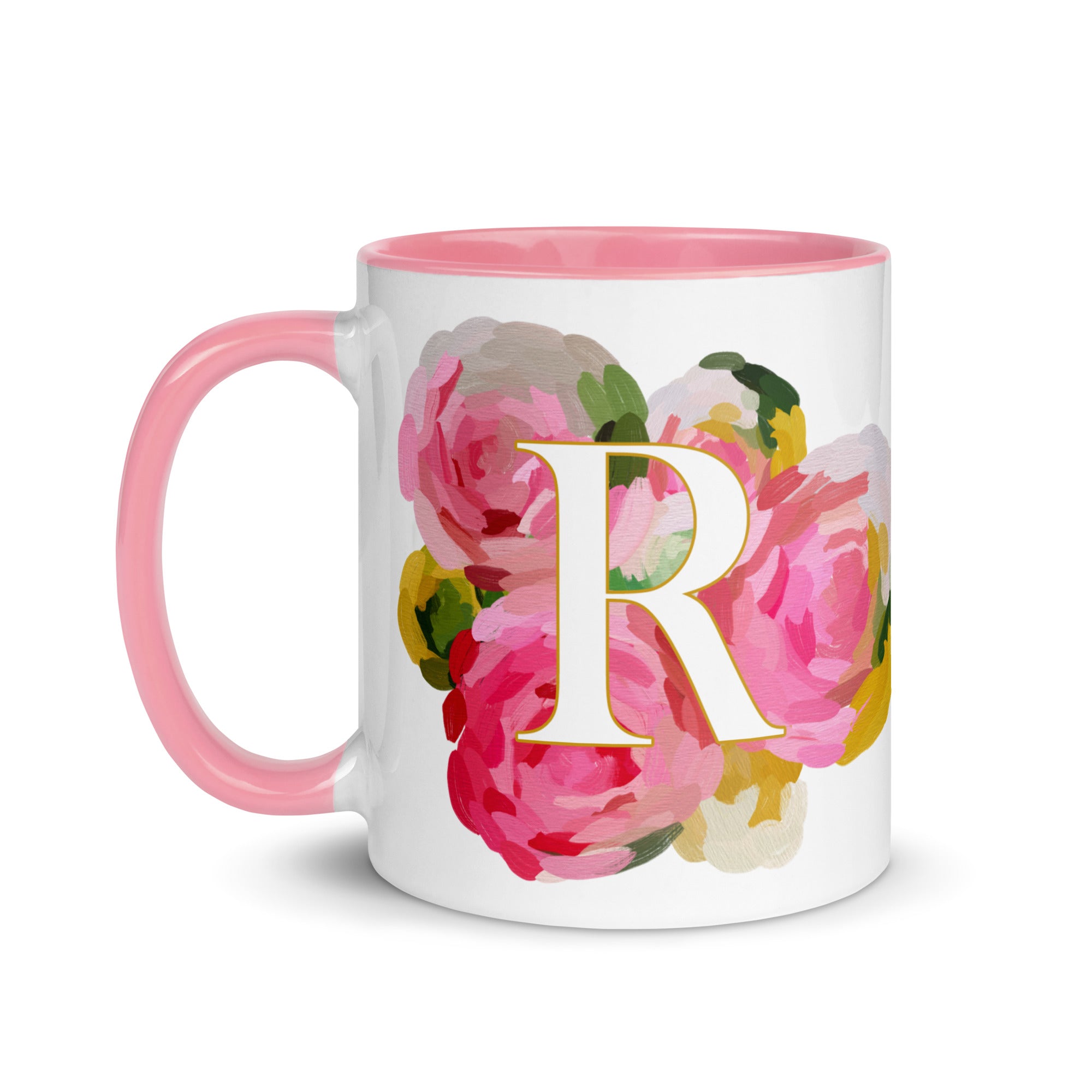 Pink Flowers Monogram Ceramic Mug - Letter R - Pretty coffee and tea mug for flower lovers. Colored on the inside and the handle. Art by Parima Studio. Chic floral mug