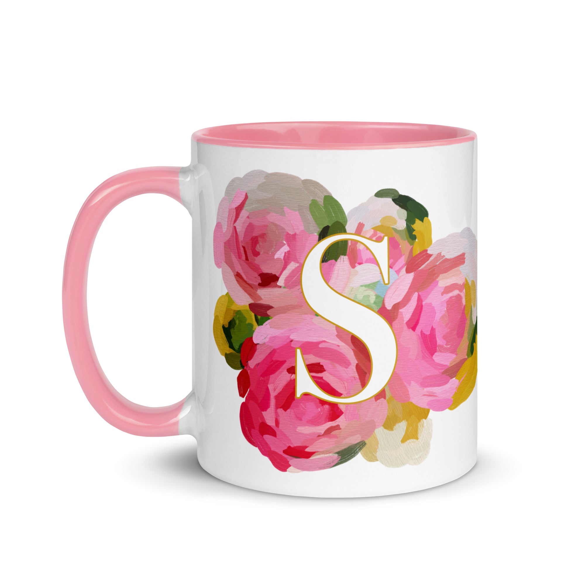 Pink Flowers Monogram Ceramic Mug - Letter S - Pretty coffee and tea mug for flower lovers. Colored on the inside and the handle. Art by Parima Studio. Chic floral mug