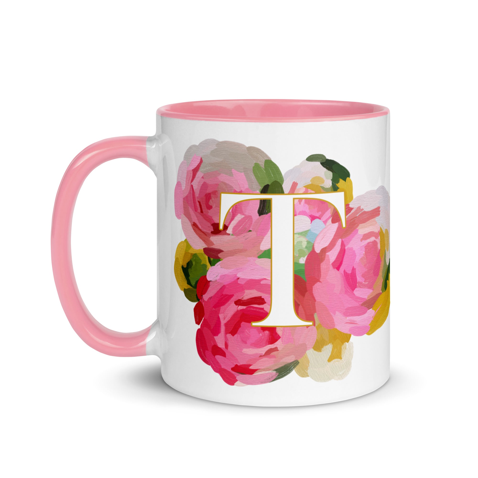 Pink Flowers Monogram Ceramic Mug - Letter T - Pretty coffee and tea mug for flower lovers. Colored on the inside and the handle. Art by Parima Studio. Chic floral mug